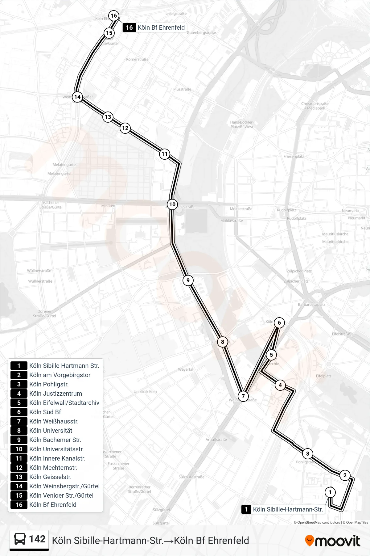 Linie 142 (Bus) Richtung Köln Sibille-Hartmann-Str.→Köln Bf Ehrenfeld: Route und Haltestellen auf der Karte