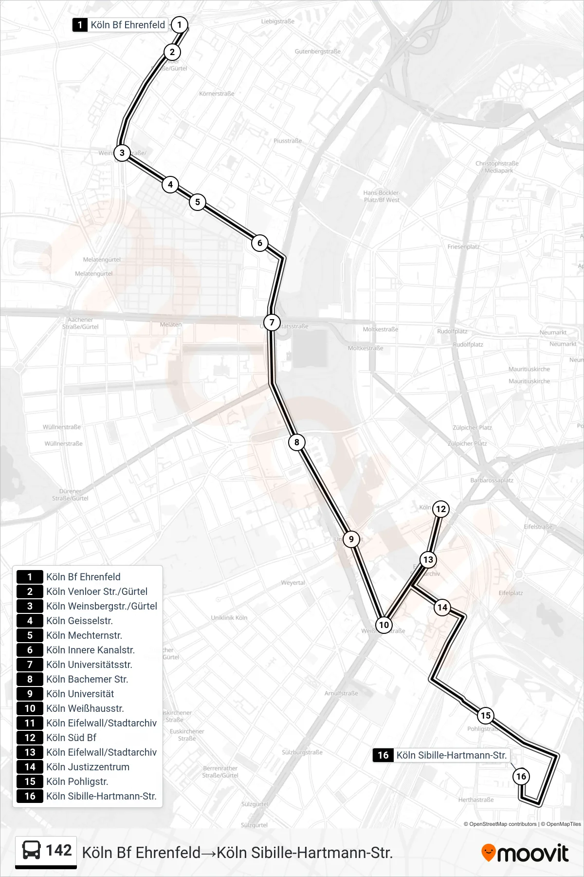 142 bus Line (Köln Bf Ehrenfeld→Köln Sibille-Hartmann-Str.) route and stops on a map