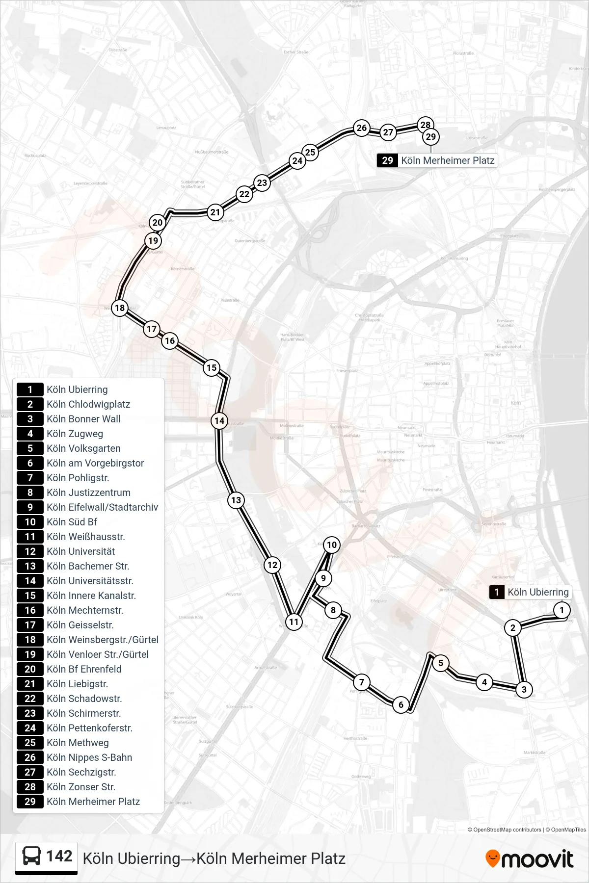 Linie 142 (Bus) Richtung Köln Ubierring‎→Köln Merheimer Platz: Route und Haltestellen auf der Karte