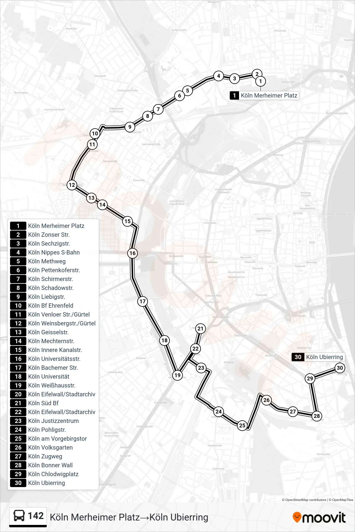 Linie 142 (Bus) Richtung Köln Merheimer Platz‎→Köln Ubierring: Route und Haltestellen auf der Karte