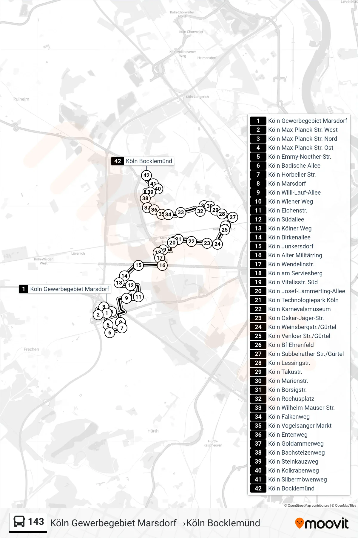 143 bus Line (Köln Gewerbegebiet Marsdorf→Köln Bocklemünd) route and stops on a map