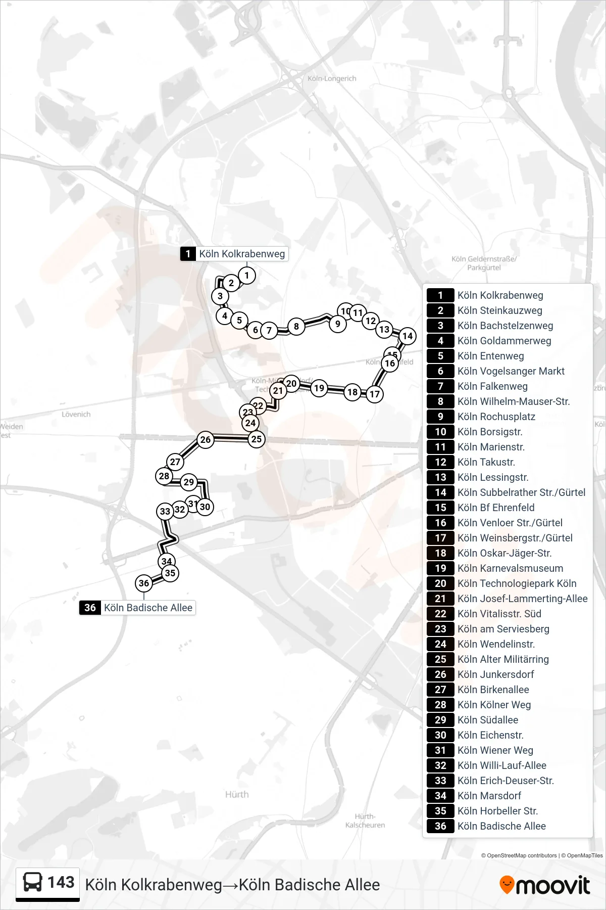 143 bus Line (Köln Kolkrabenweg‎→Köln Badische Allee) route and stops on a map