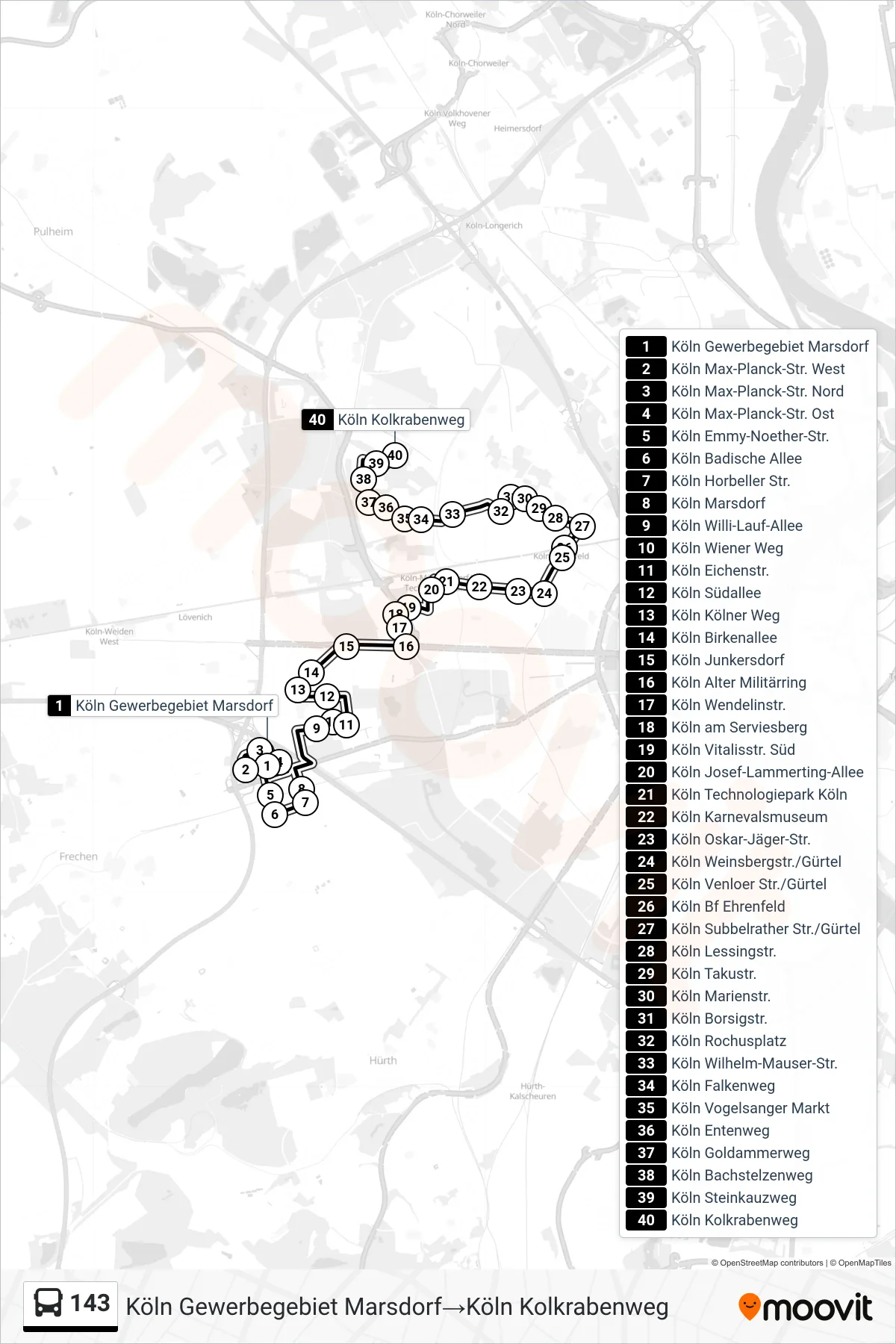 143 bus Line (Köln Gewerbegebiet Marsdorf→Köln Kolkrabenweg) route and stops on a map