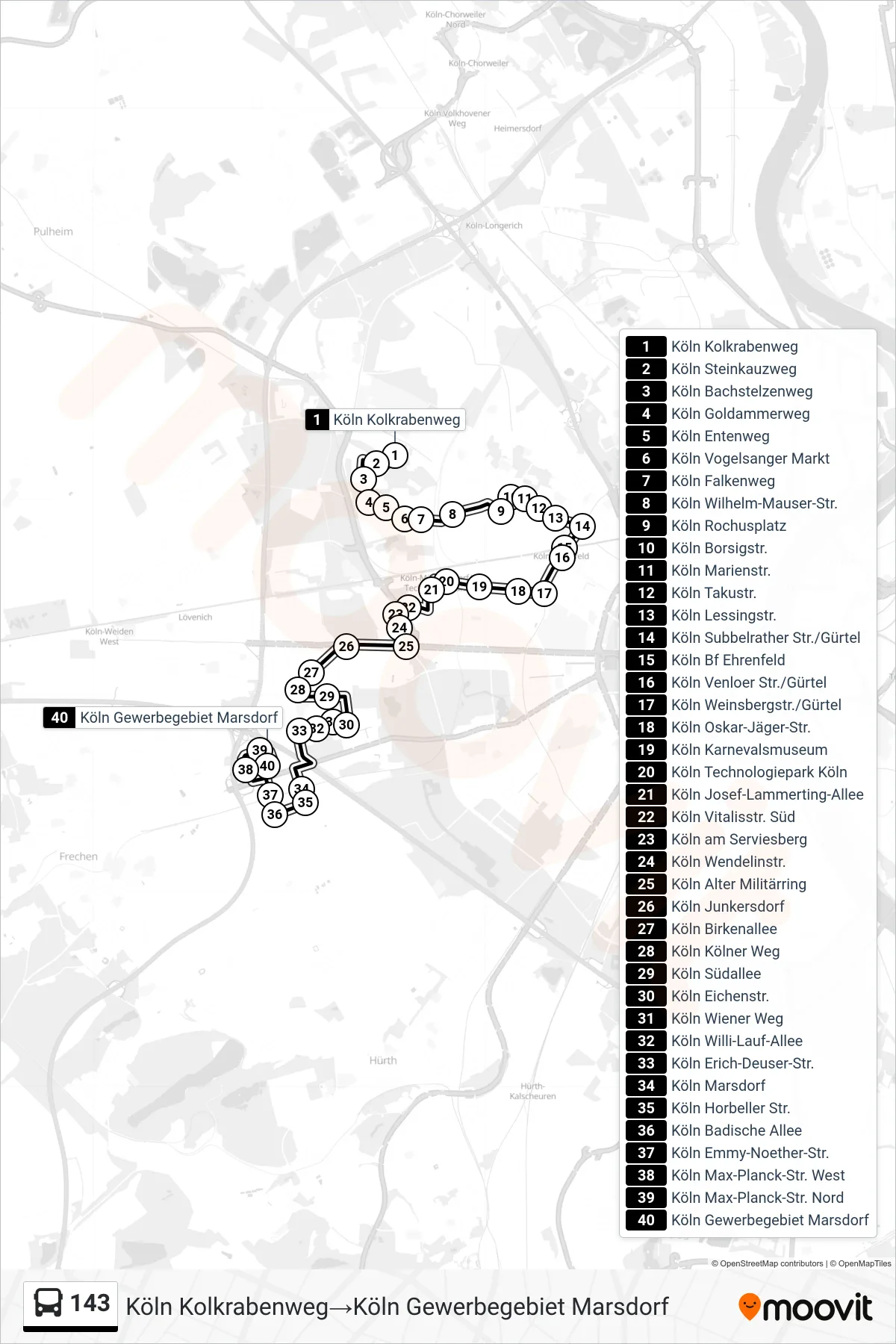 Linie 143 (Bus) Richtung Köln Kolkrabenweg‎→Köln Gewerbegebiet Marsdorf: Route und Haltestellen auf der Karte