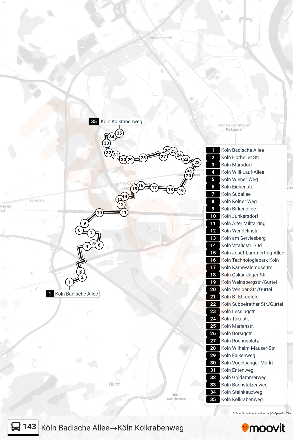 143 bus Line (Köln Badische Allee‎→Köln Kolkrabenweg) route and stops on a map