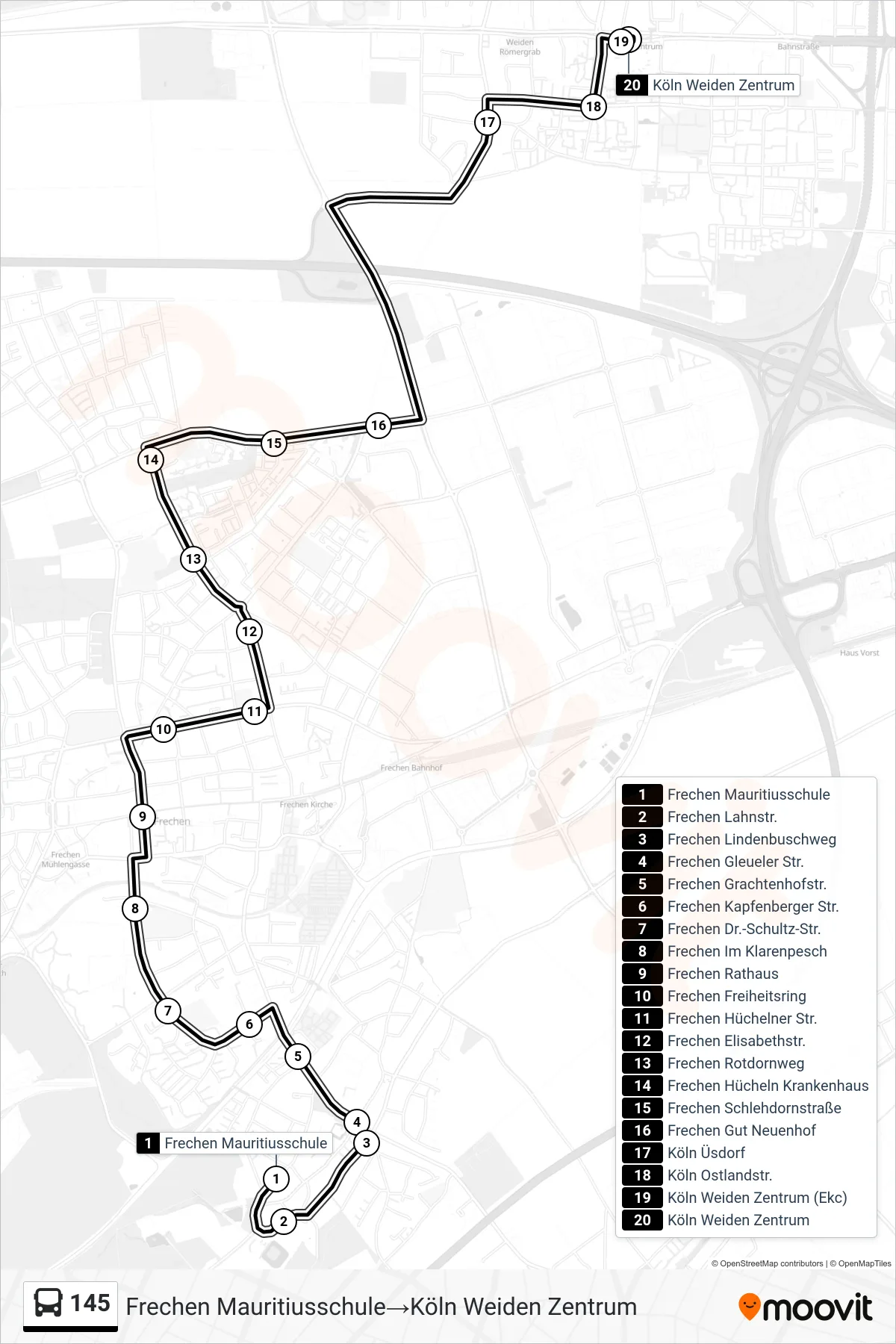 Linie 145 (Bus) Richtung Frechen Mauritiusschule→Köln Weiden Zentrum: Route und Haltestellen auf der Karte