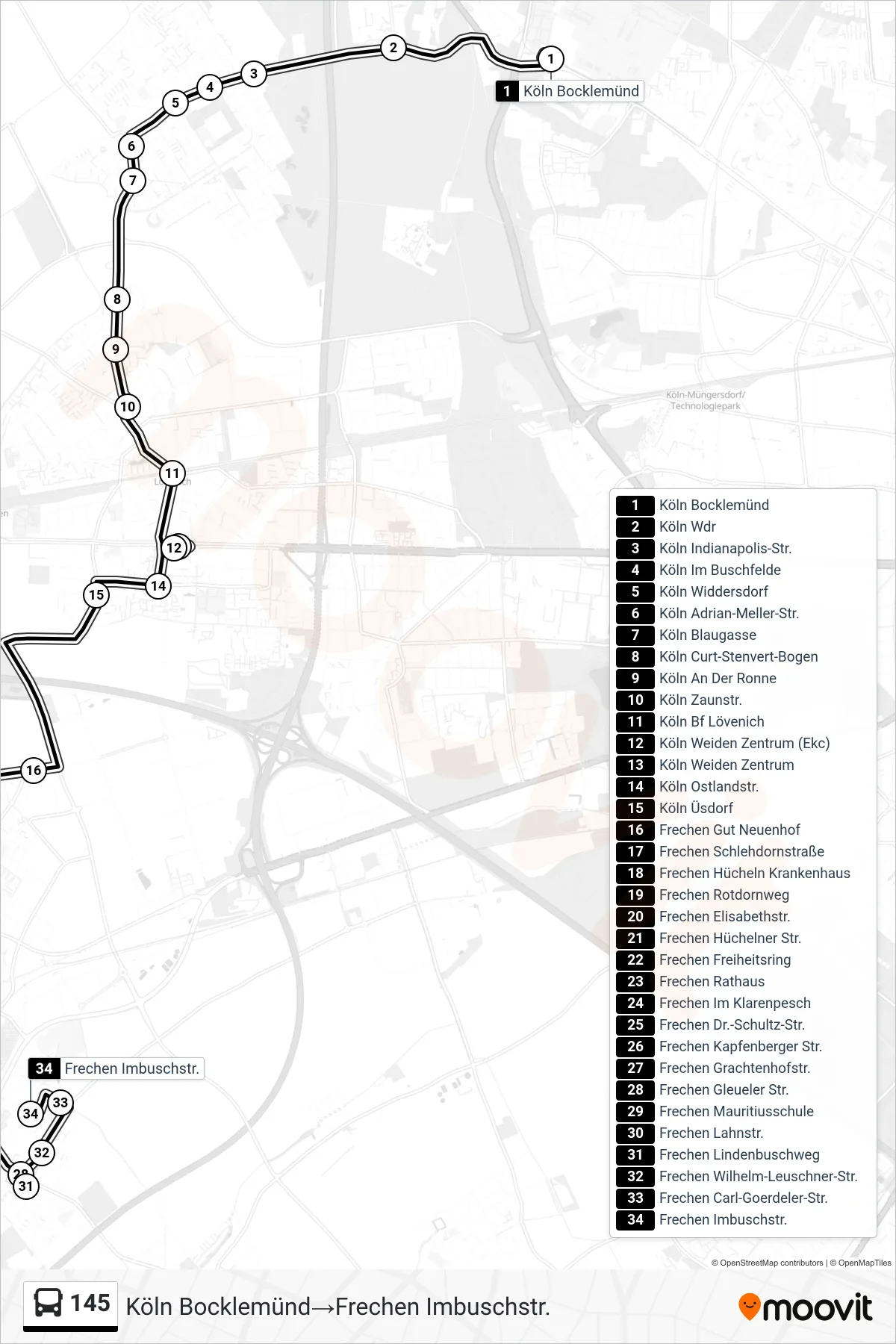 Linie 145 (Bus) Richtung Köln Bocklemünd→Frechen Imbuschstr.: Route und Haltestellen auf der Karte