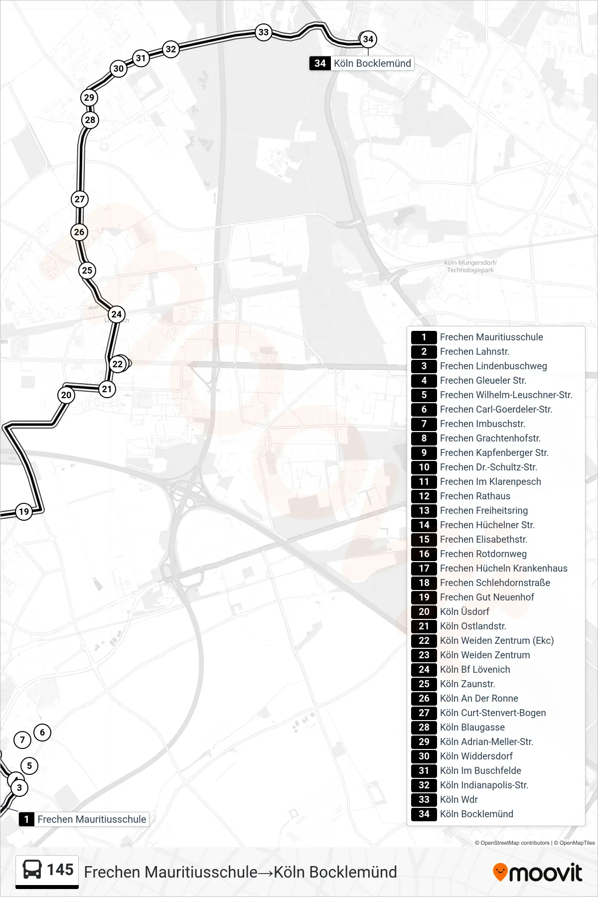 145 bus Line (Frechen Mauritiusschule→Köln Bocklemünd) route and stops on a map