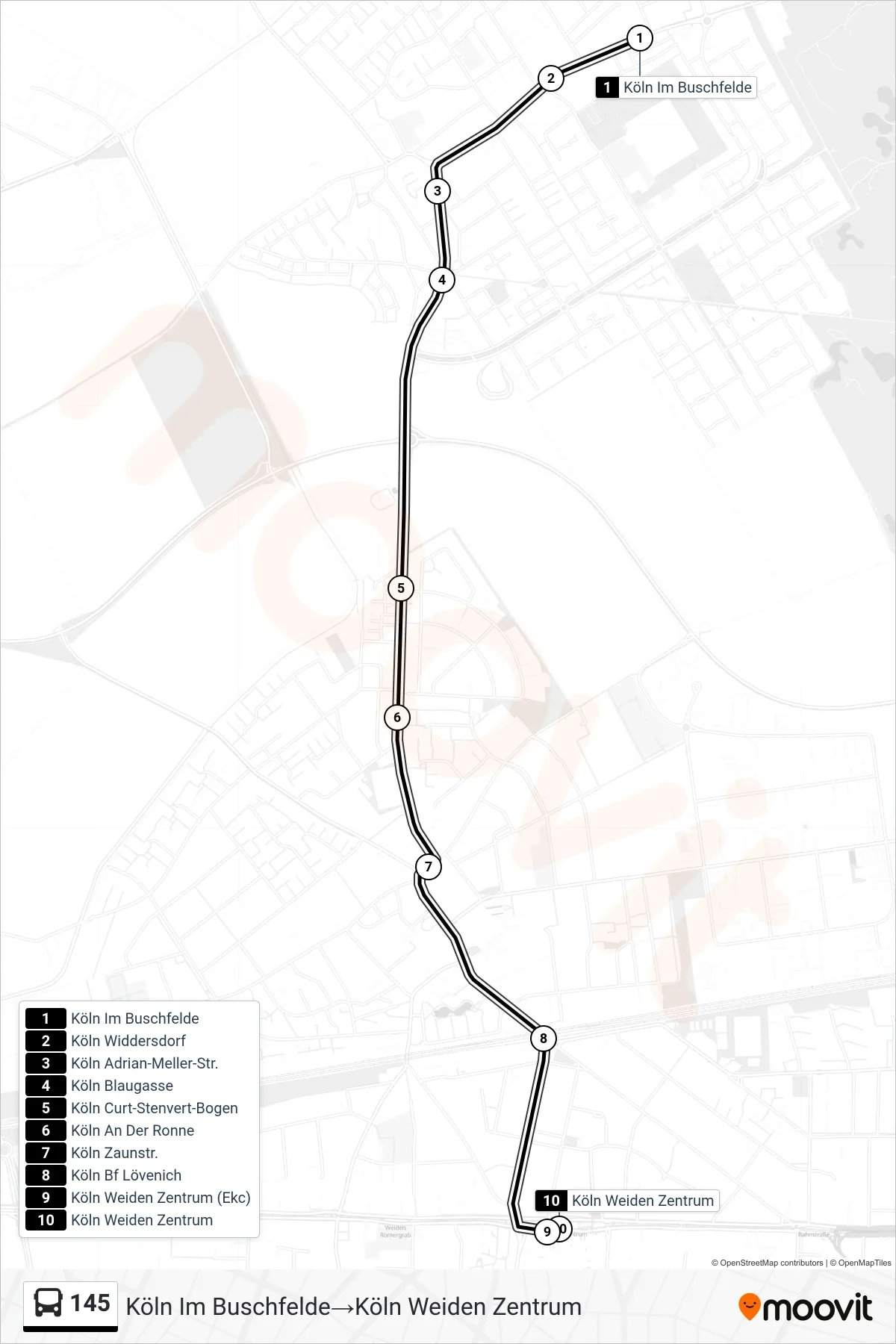 Linie 145 (Bus) Richtung Köln Im Buschfelde‎→Köln Weiden Zentrum: Route und Haltestellen auf der Karte
