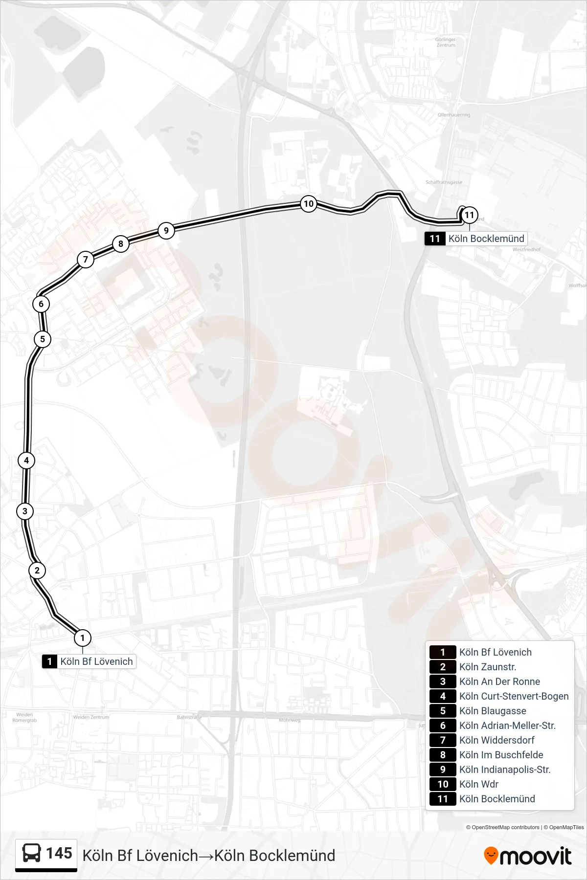 Linie 145 (Bus) Richtung Köln Bf Lövenich→Köln Bocklemünd: Route und Haltestellen auf der Karte