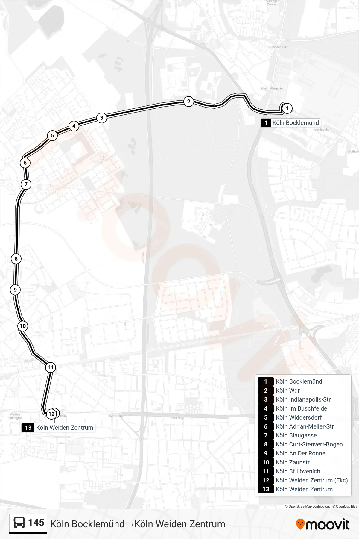 Linie 145 (Bus) Richtung Köln Bocklemünd→Köln Weiden Zentrum: Route und Haltestellen auf der Karte