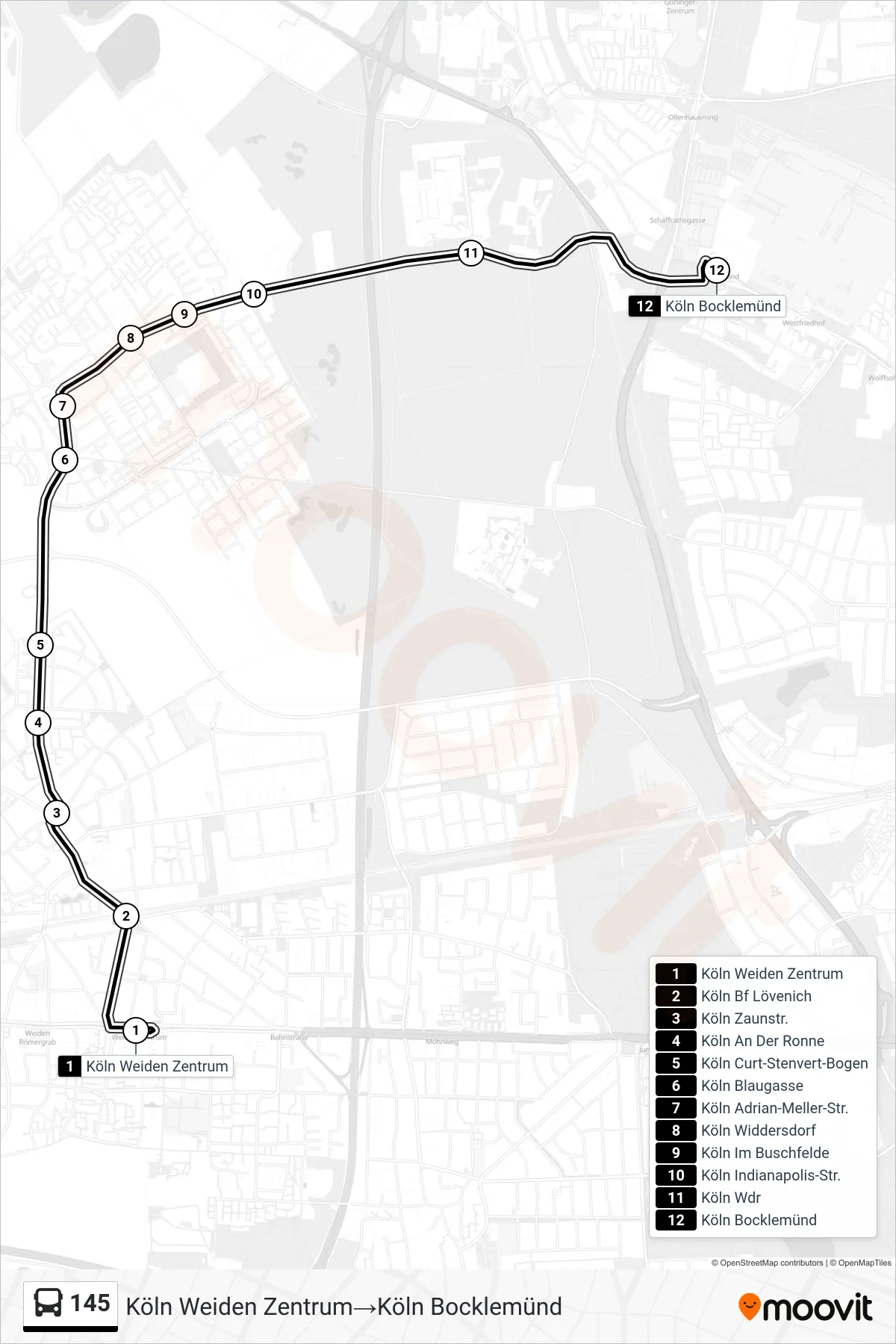 145 bus Line (Köln Weiden Zentrum→Köln Bocklemünd) route and stops on a map