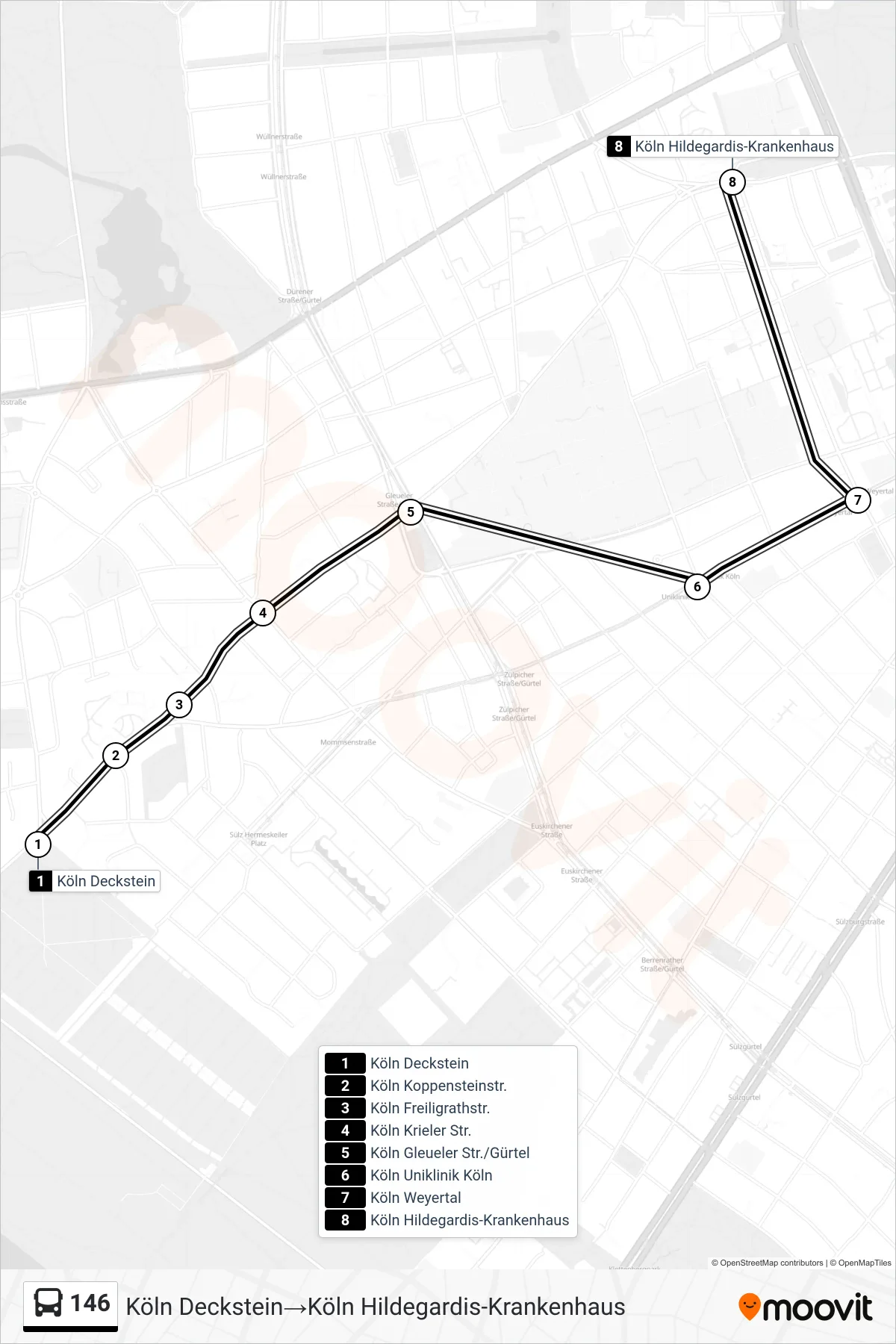 146 bus Line (Köln Deckstein‎→Köln Hildegardis-Krankenhaus) route and stops on a map