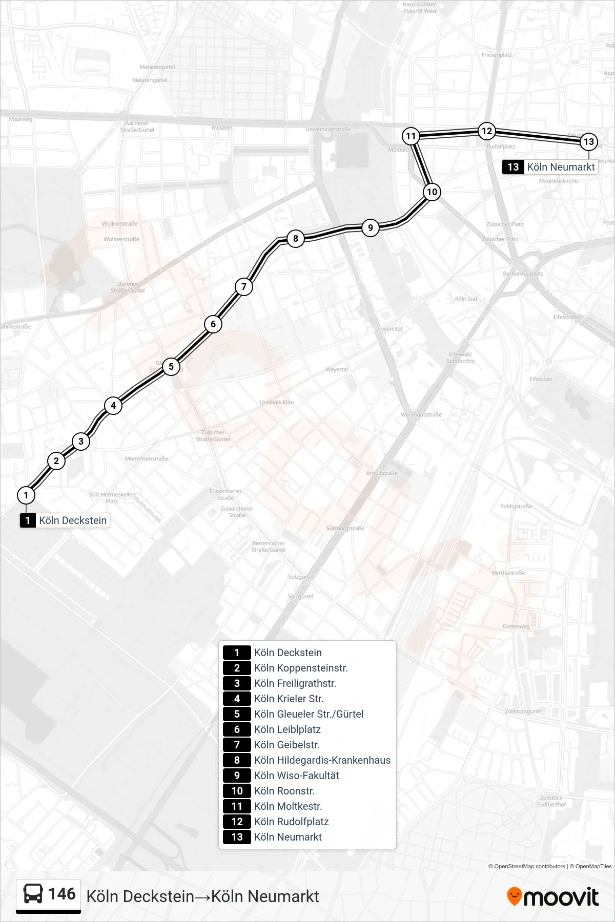 Linie 146 (Bus) Richtung Köln Deckstein→Köln Neumarkt: Route und Haltestellen auf der Karte
