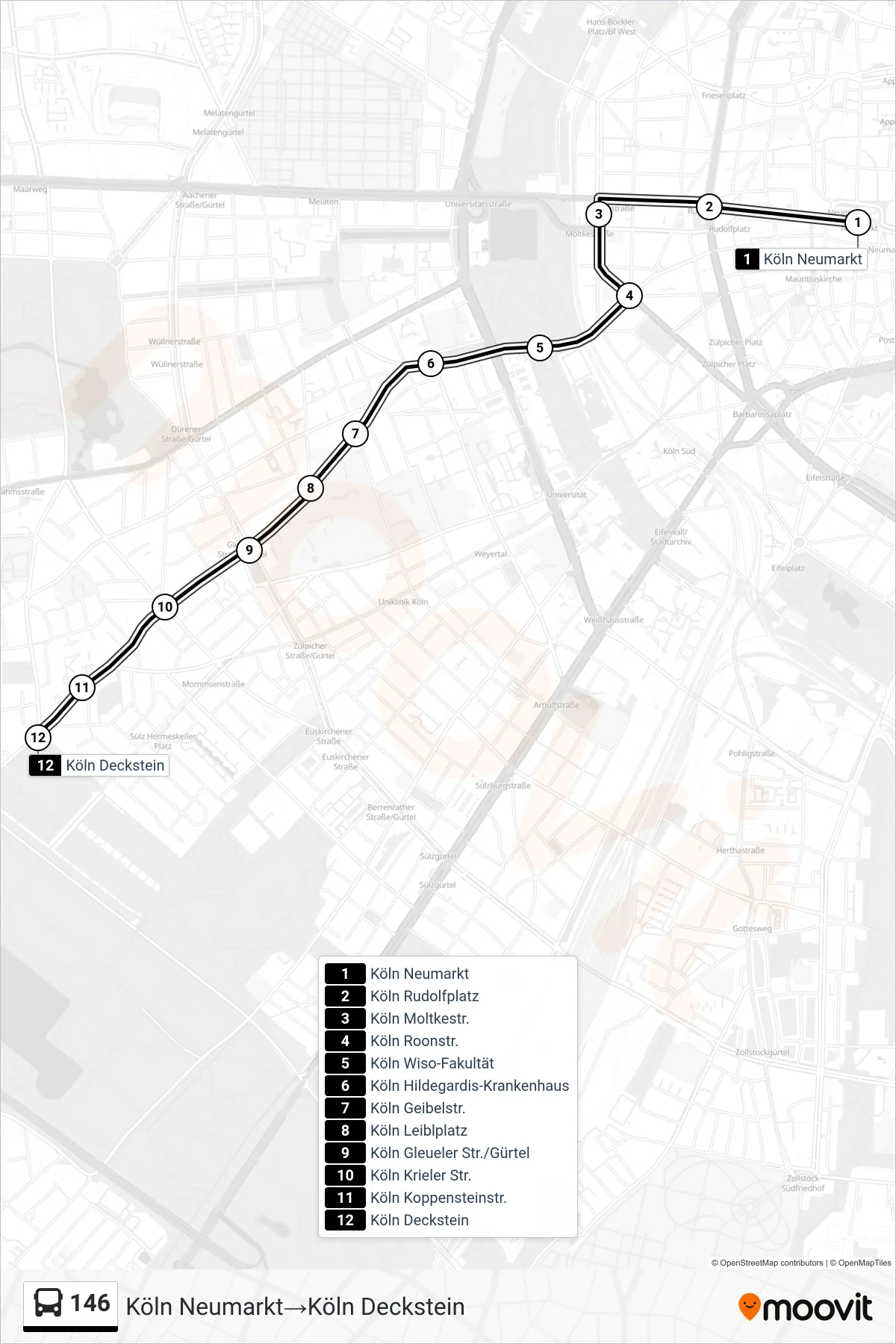 Linie 146 (Bus) Richtung Köln Neumarkt‎→Köln Deckstein: Route und Haltestellen auf der Karte