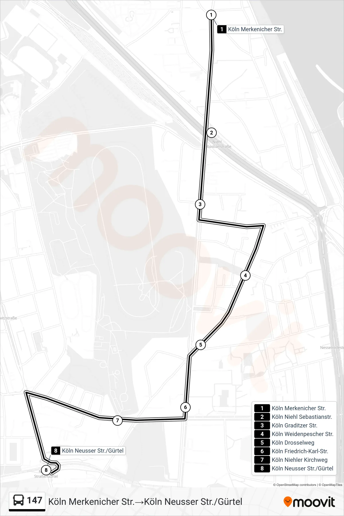 Linie 147 (Bus) Richtung Köln Merkenicher Str.→Köln Neusser Str./Gürtel: Route und Haltestellen auf der Karte