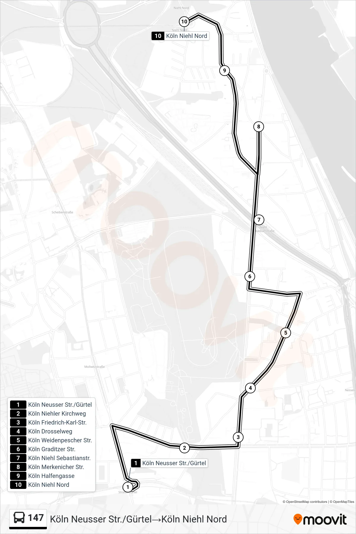 Linie 147 (Bus) Richtung Köln Neusser Str./Gürtel‎→Köln Niehl Nord: Route und Haltestellen auf der Karte