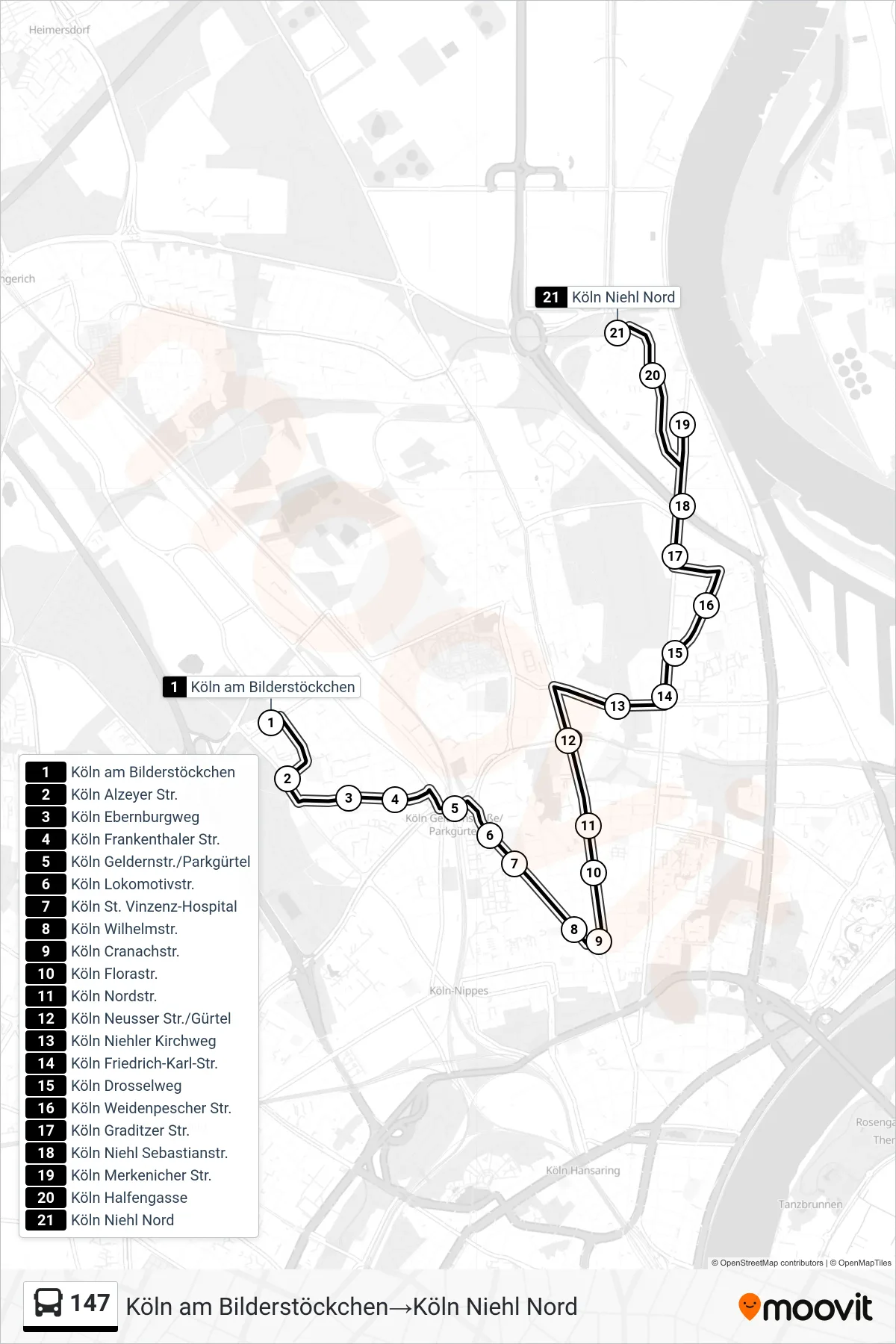 Linie 147 (Bus) Richtung Köln am Bilderstöckchen→Köln Niehl Nord: Route und Haltestellen auf der Karte