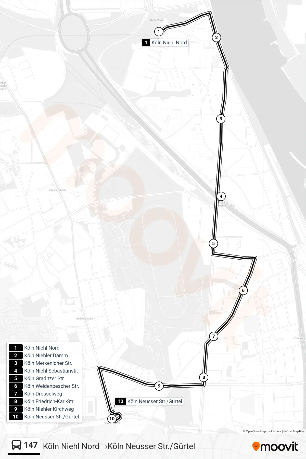 Linie 147 (Bus) Richtung Köln Niehl Nord‎→Köln Neusser Str./Gürtel: Route und Haltestellen auf der Karte