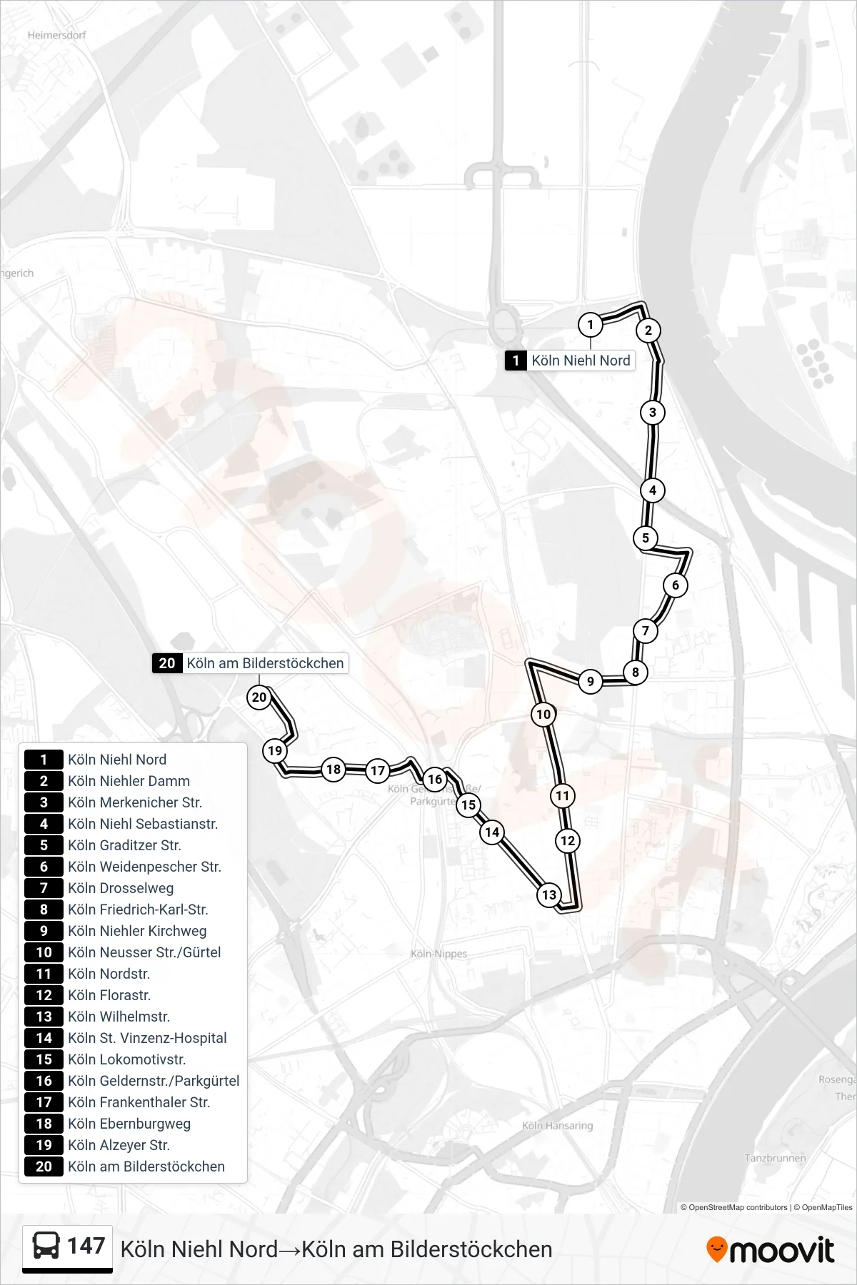 Linie 147 (Bus) Richtung Köln Niehl Nord→Köln am Bilderstöckchen: Route und Haltestellen auf der Karte