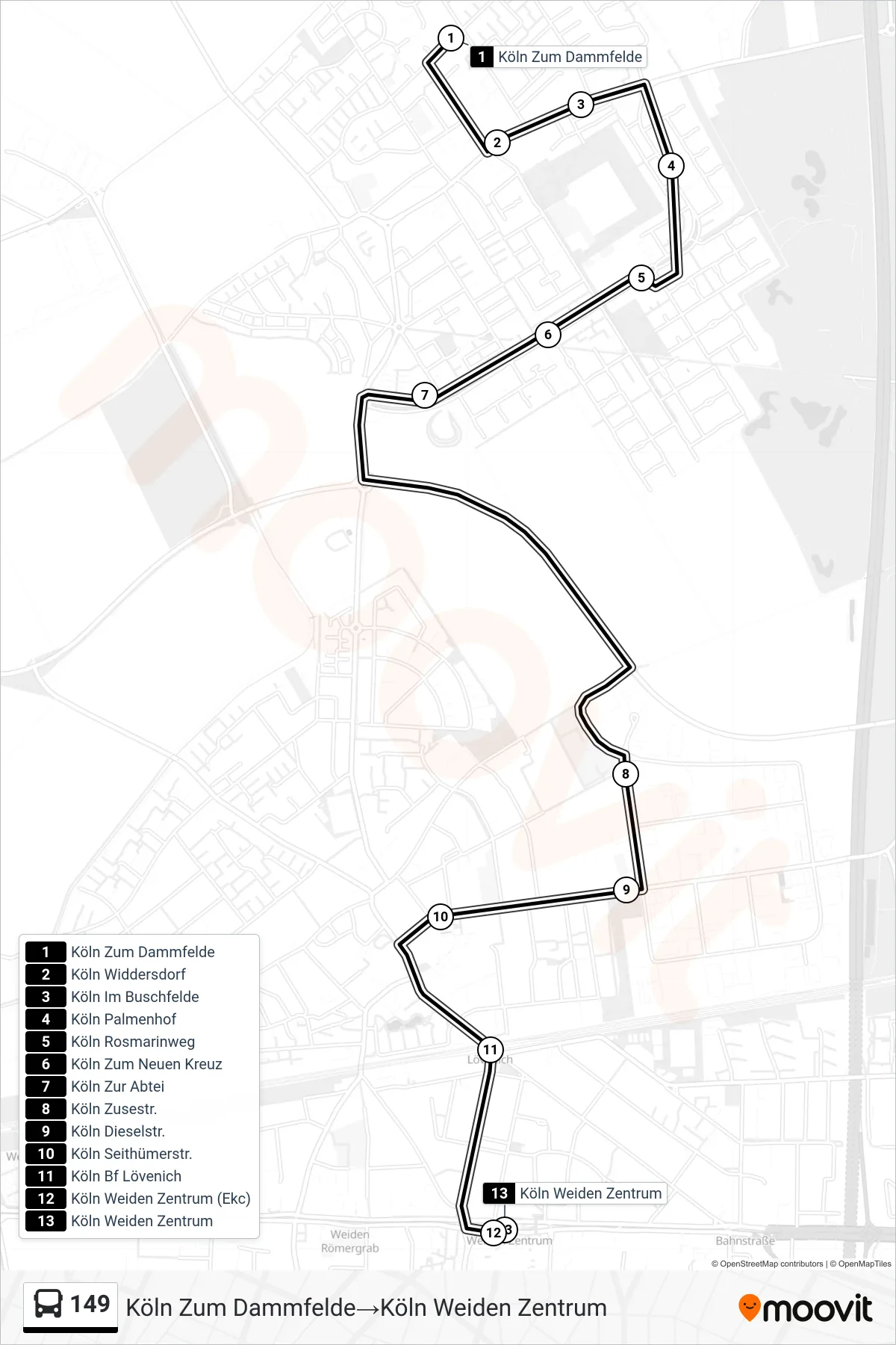 Linie 149 (Bus) Richtung Köln Zum Dammfelde‎→Köln Weiden Zentrum: Route und Haltestellen auf der Karte