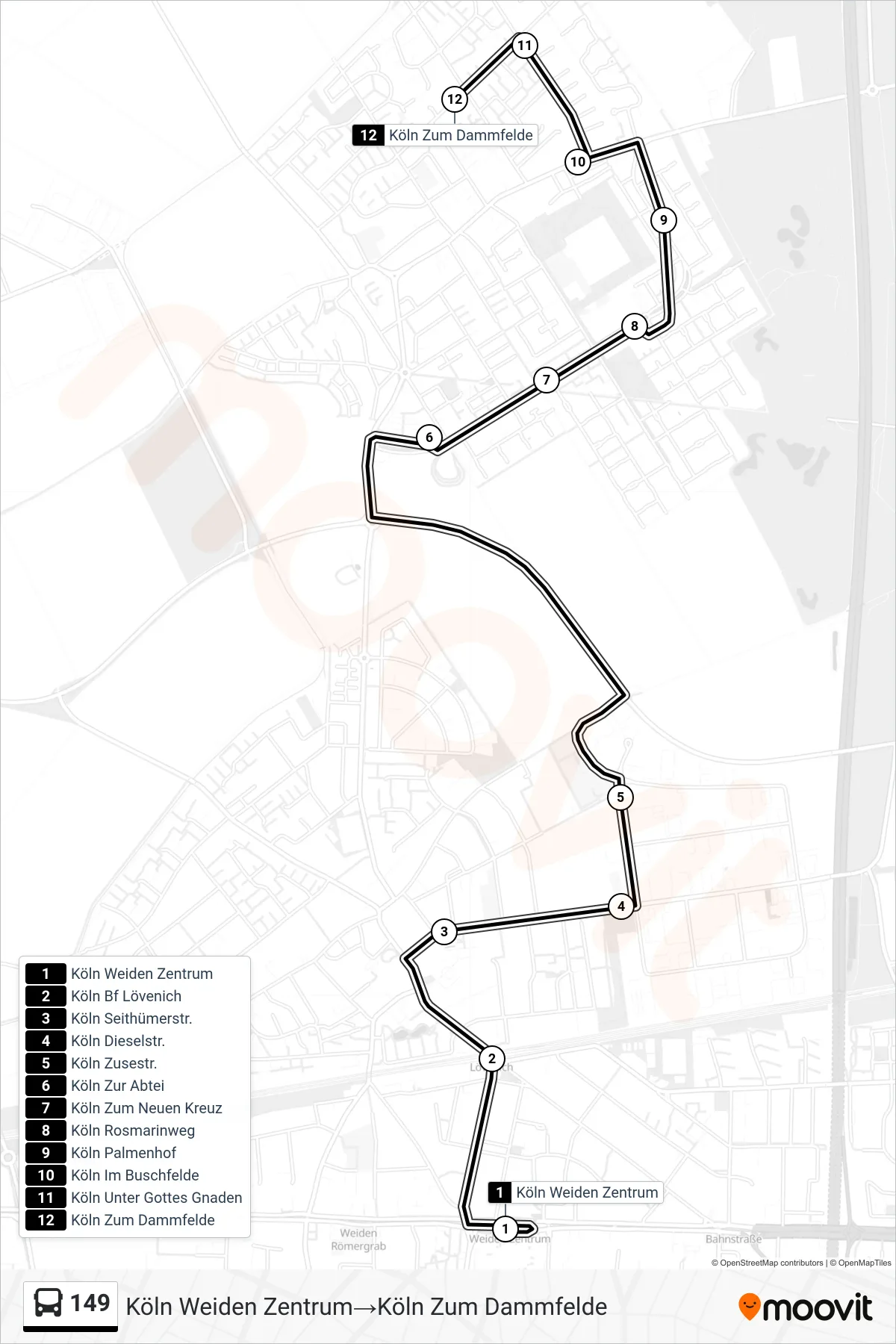 Linie 149 (Bus) Richtung Köln Weiden Zentrum→Köln Zum Dammfelde: Route und Haltestellen auf der Karte