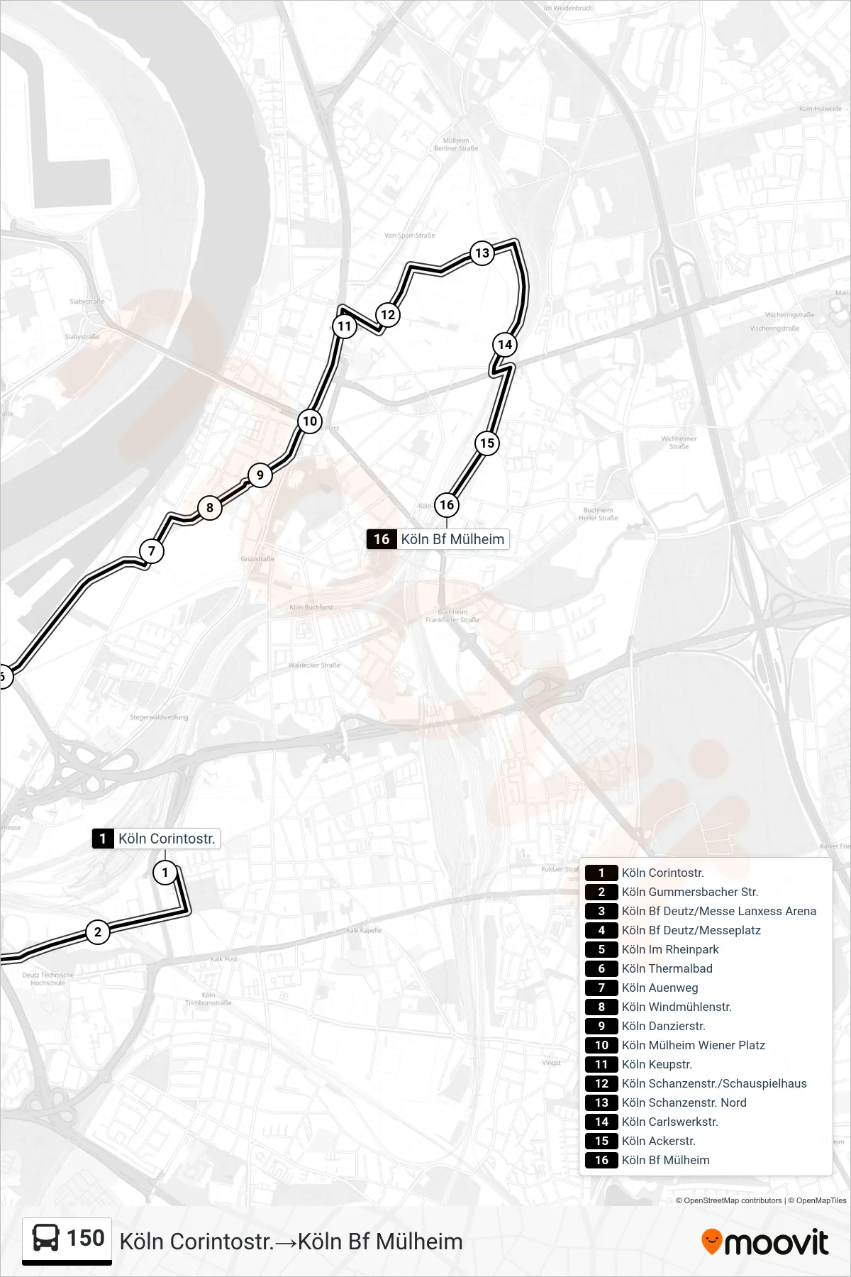 Linie 150 (Bus) Richtung Köln Corintostr.‎→Köln Bf Mülheim: Route und Haltestellen auf der Karte