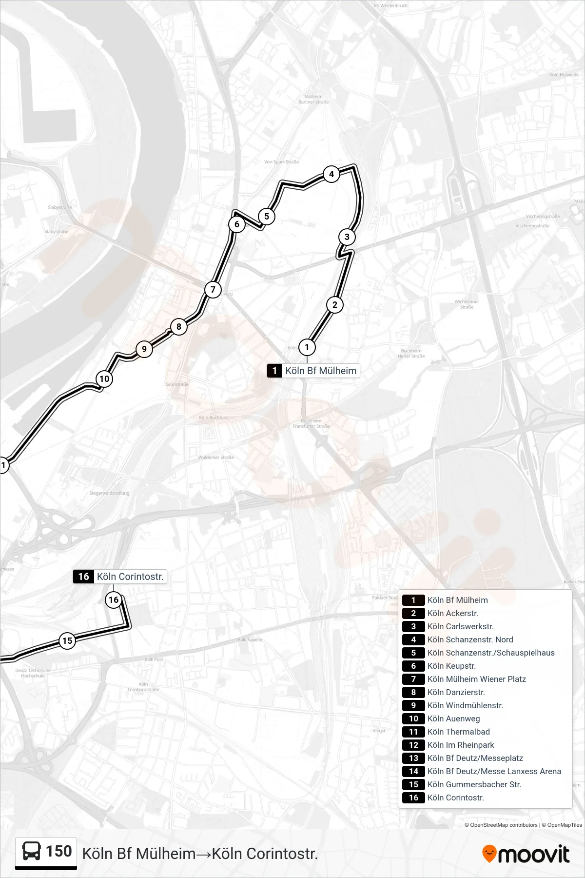 Linie 150 (Bus) Richtung Köln Bf Mülheim‎→Köln Corintostr.: Route und Haltestellen auf der Karte