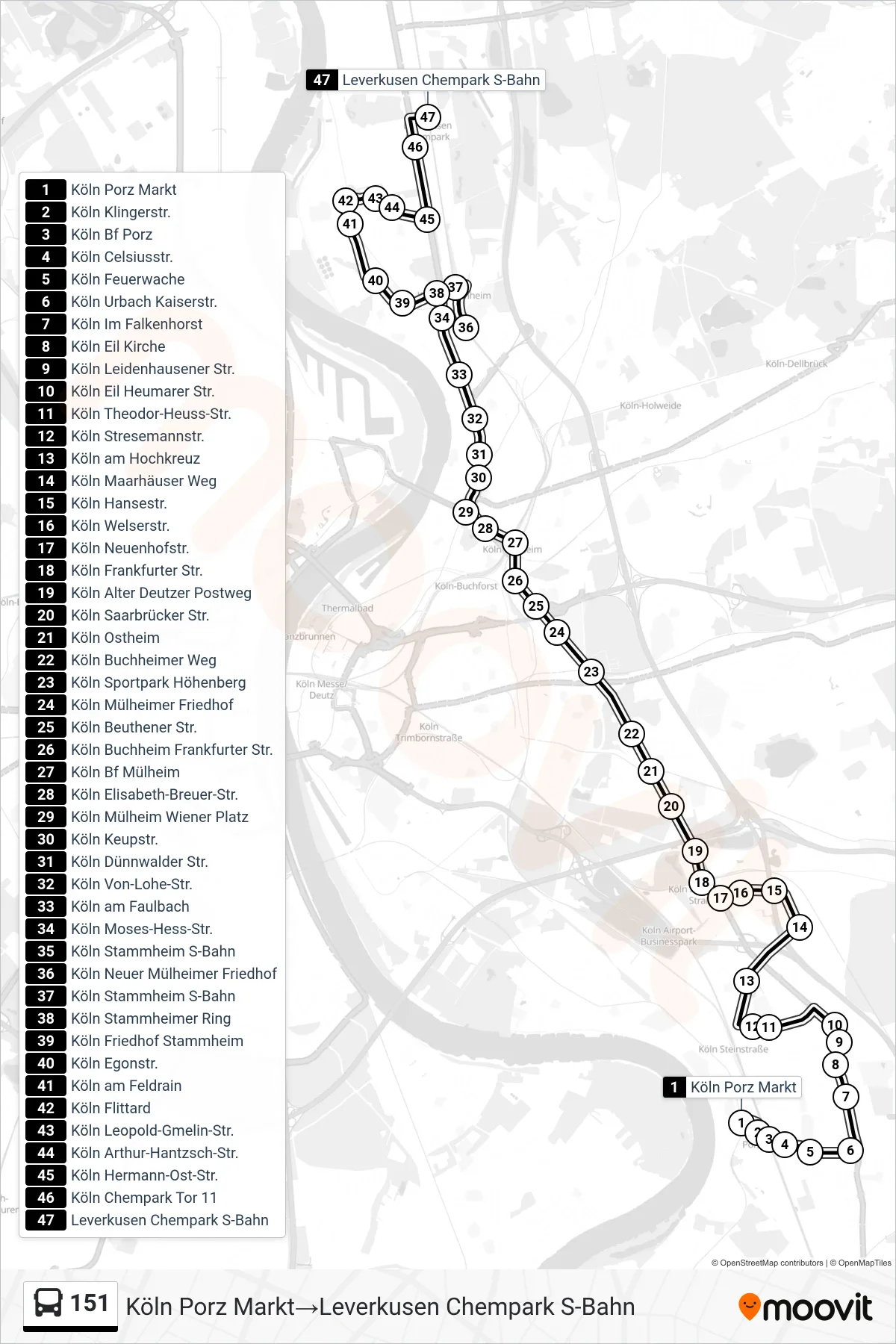 151 bus Line (Köln Porz Markt→Leverkusen Chempark S-Bahn) route and stops on a map