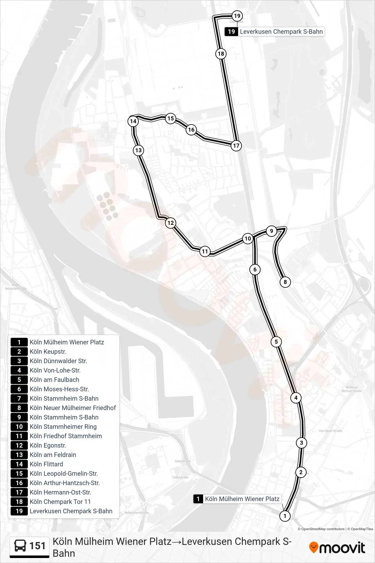 151 bus Line (Köln Mülheim Wiener Platz→Leverkusen Chempark S-Bahn) route and stops on a map