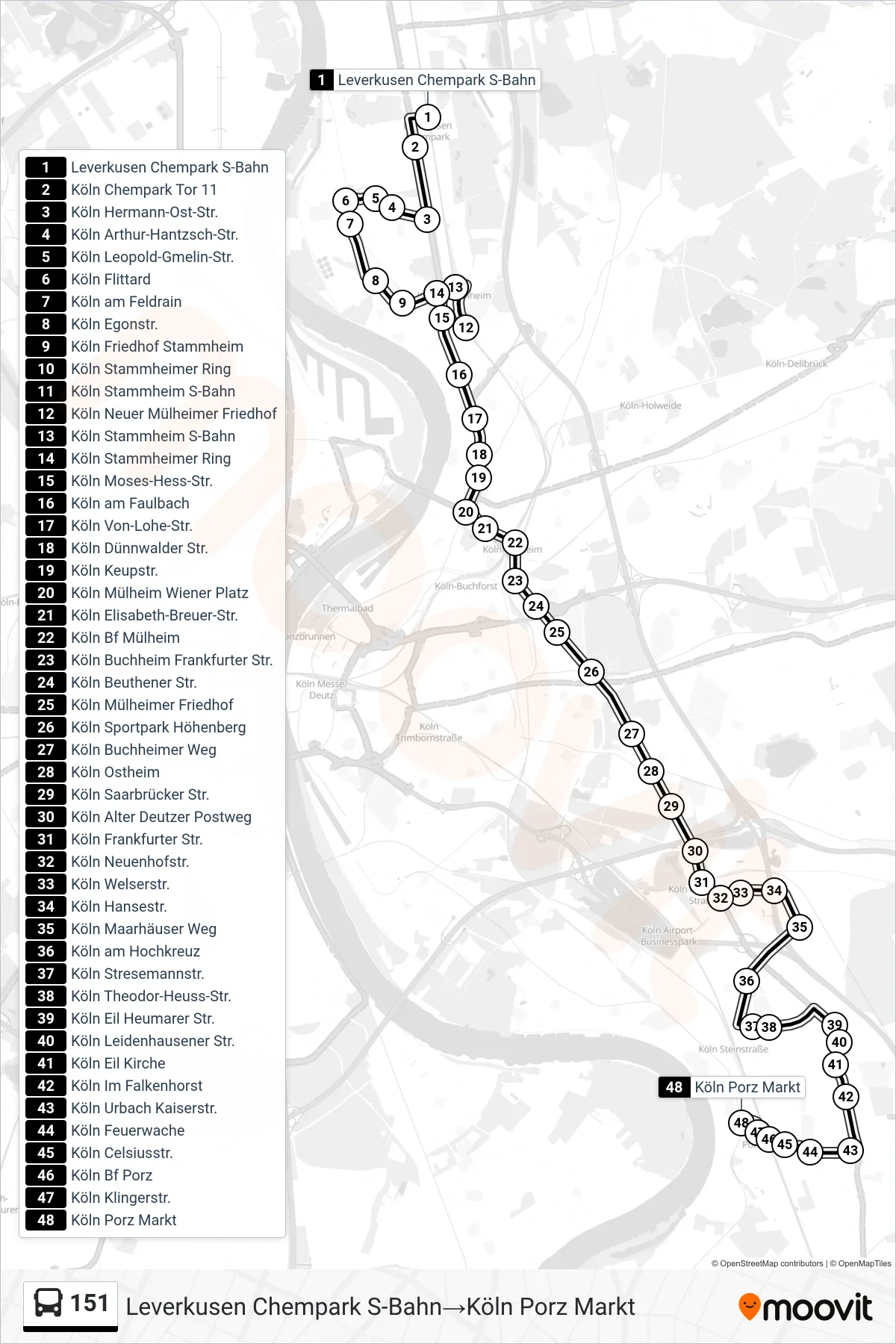 151 bus Line (Leverkusen Chempark S-Bahn→Köln Porz Markt) route and stops on a map