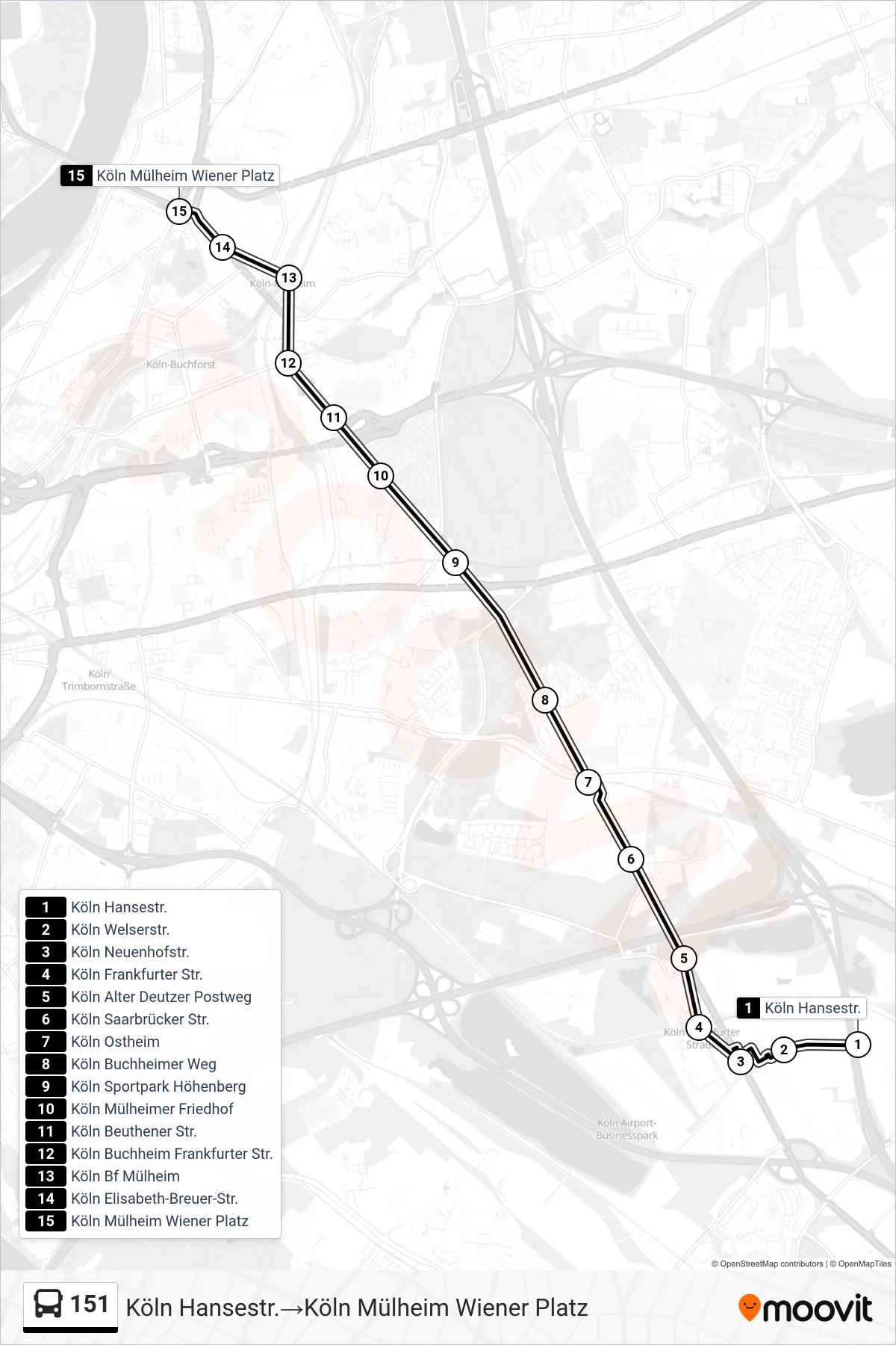 151 bus Line (Köln Hansestr.→Köln Mülheim Wiener Platz) route and stops on a map
