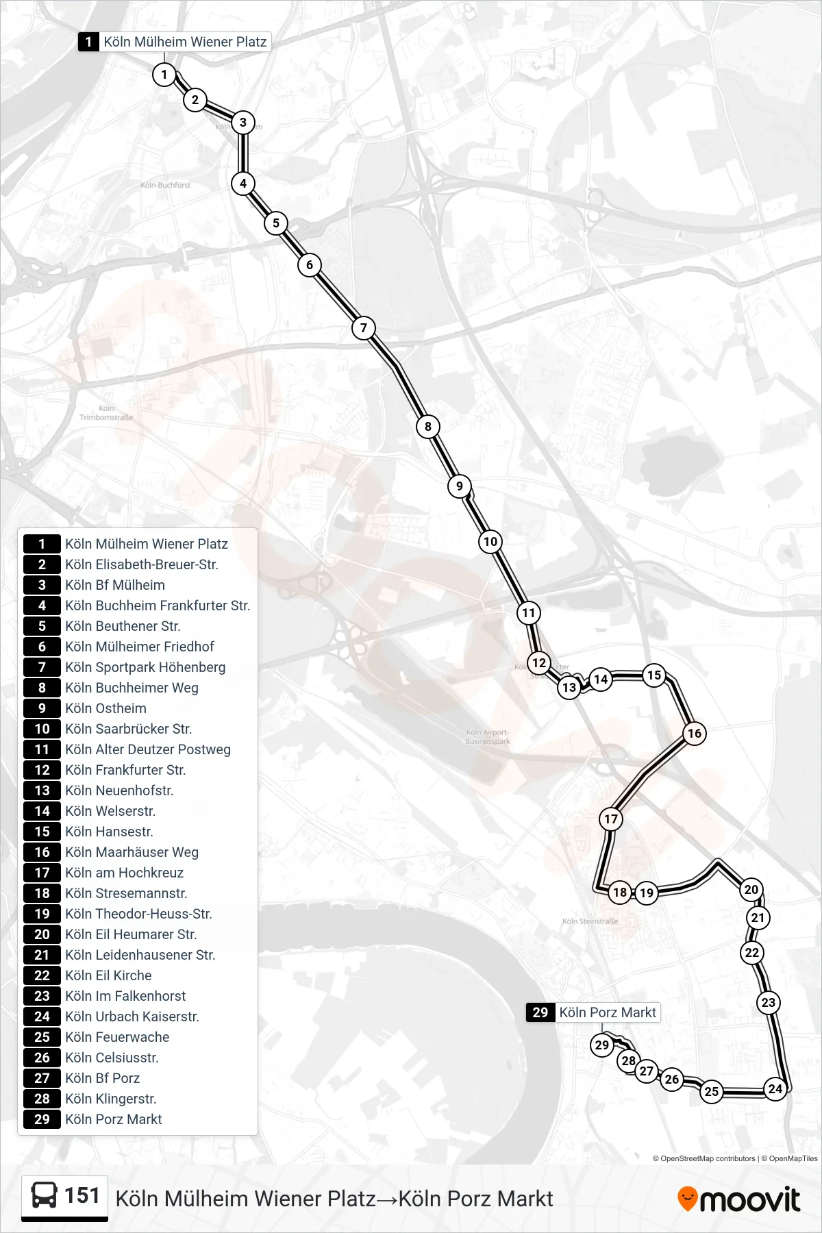 Linie 151 (Bus) Richtung Köln Mülheim Wiener Platz‎→Köln Porz Markt: Route und Haltestellen auf der Karte