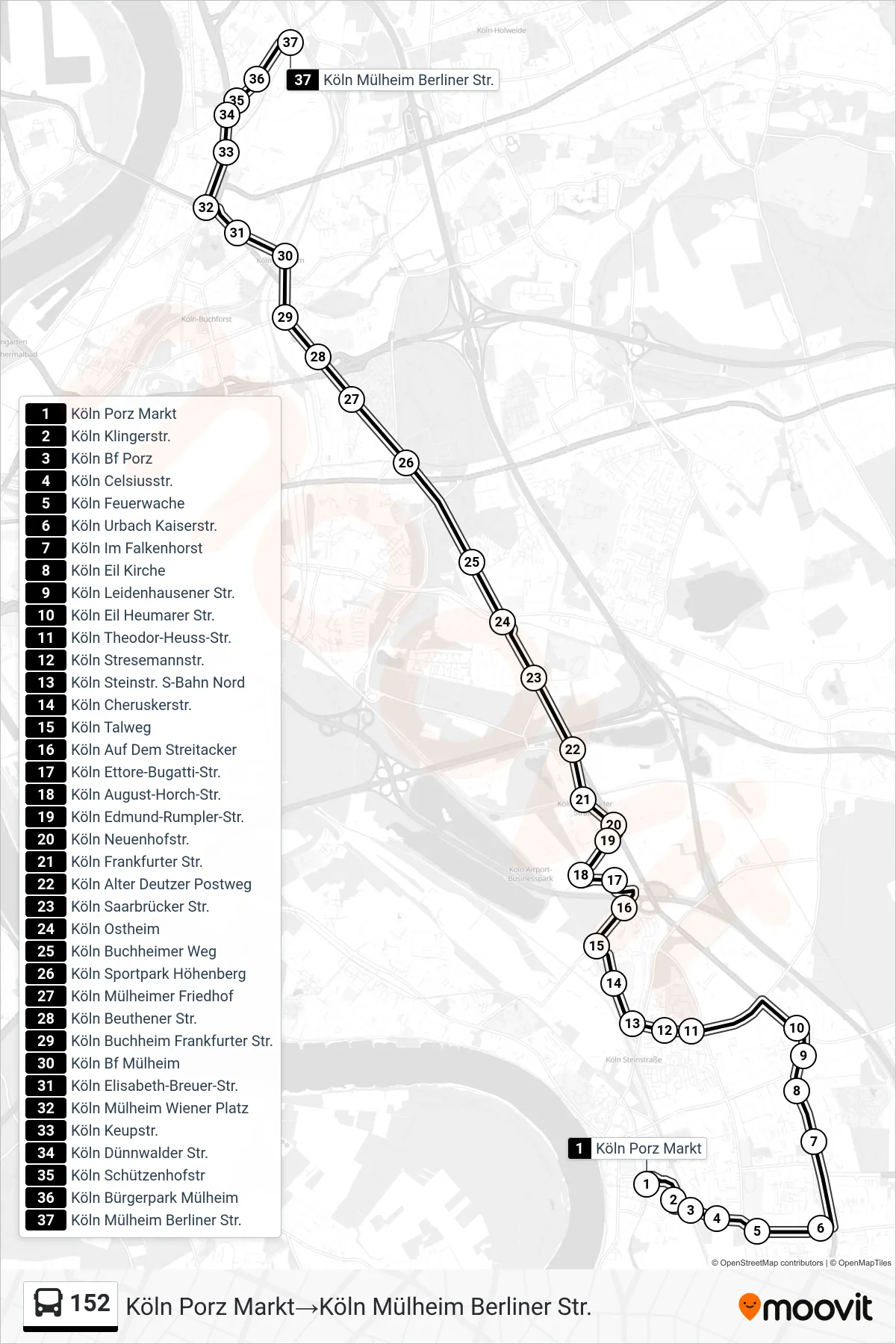 Linie 152 (Bus) Richtung Köln Porz Markt‎→Köln Mülheim Berliner Str.: Route und Haltestellen auf der Karte