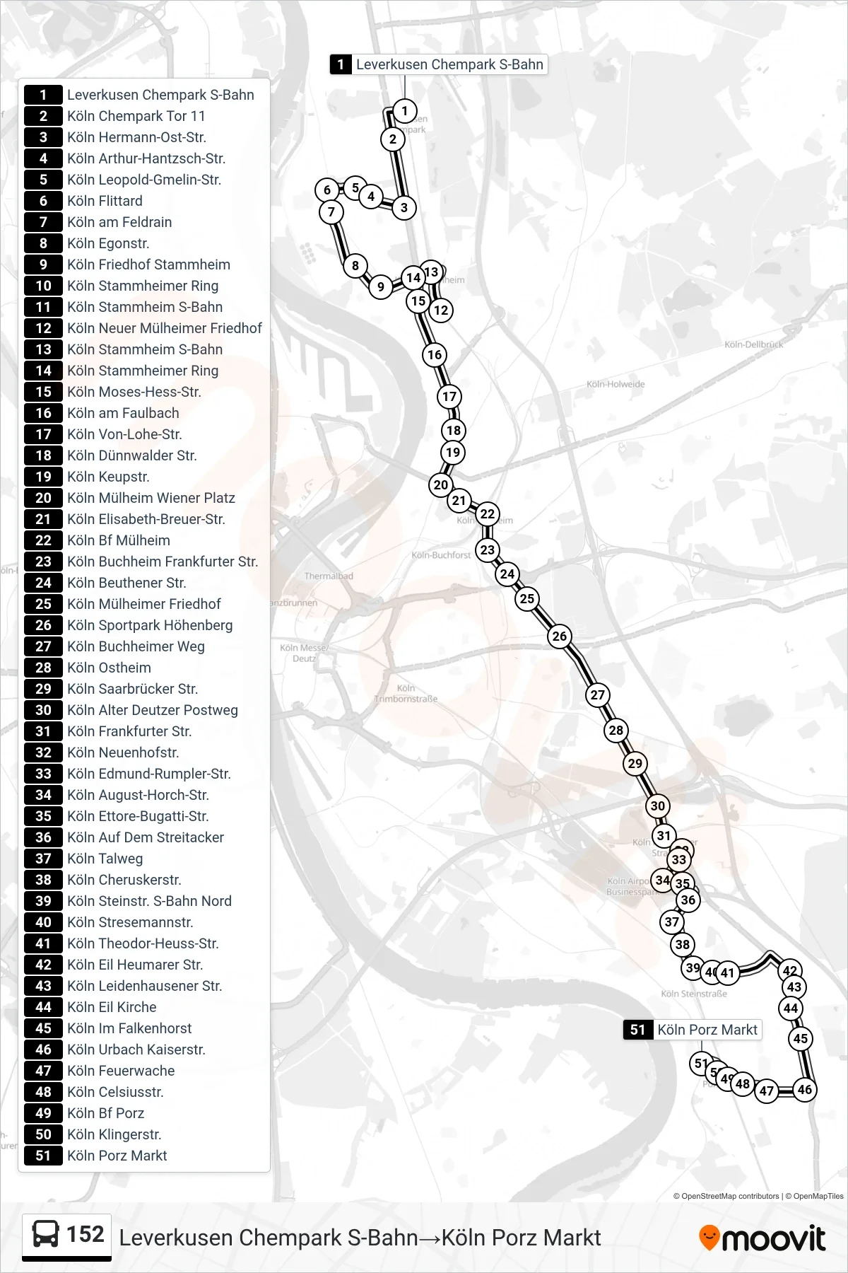 Linie 152 (Bus) Richtung Leverkusen Chempark S-Bahn‎→Köln Porz Markt: Route und Haltestellen auf der Karte
