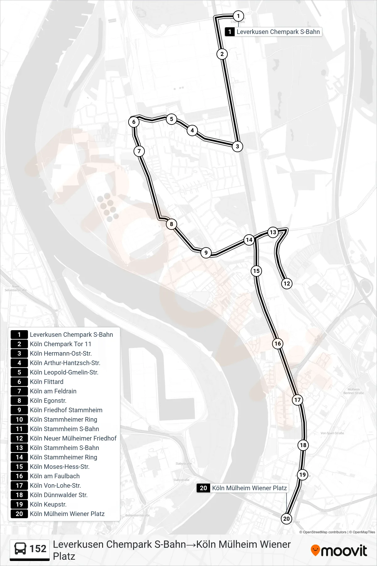 Linie 152 (Bus) Richtung Leverkusen Chempark S-Bahn‎→Köln Mülheim Wiener Platz: Route und Haltestellen auf der Karte