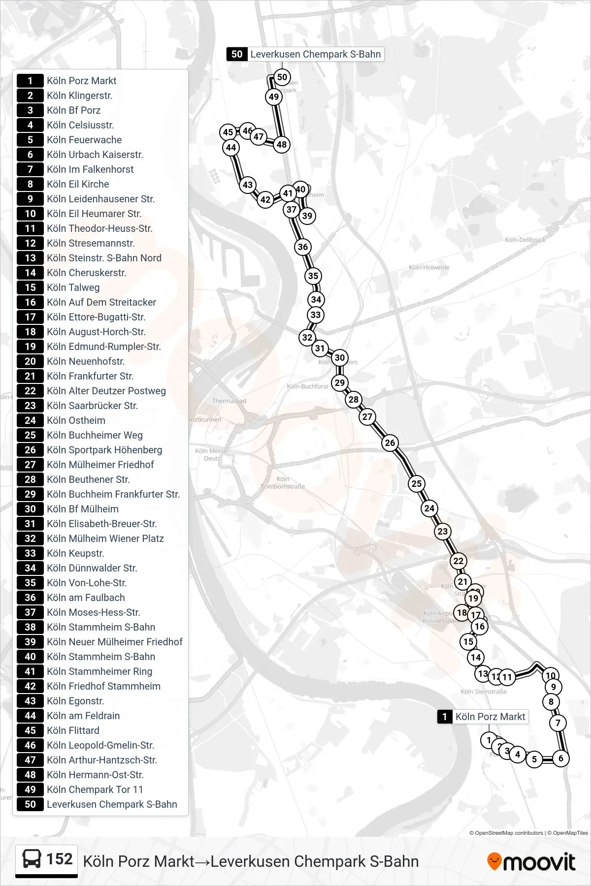 Linie 152 (Bus) Richtung Köln Porz Markt→Leverkusen Chempark S-Bahn: Route und Haltestellen auf der Karte
