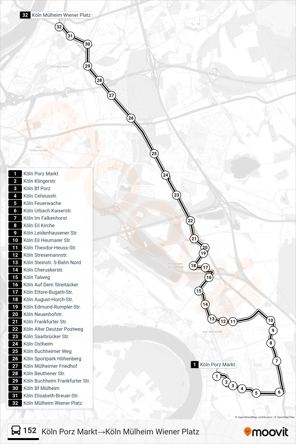 Linie 152 (Bus) Richtung Köln Porz Markt‎→Köln Mülheim Wiener Platz: Route und Haltestellen auf der Karte