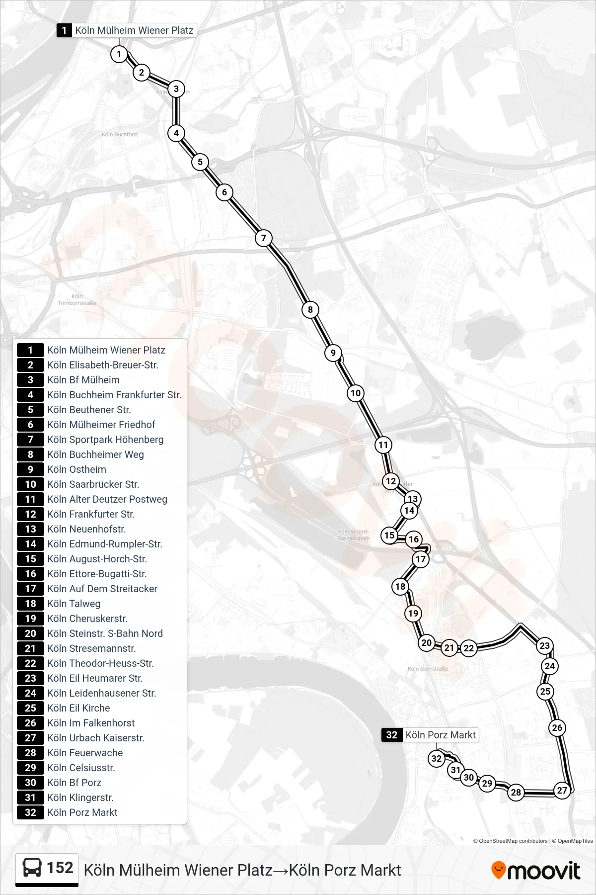 Linie 152 (Bus) Richtung Köln Mülheim Wiener Platz‎→Köln Porz Markt: Route und Haltestellen auf der Karte