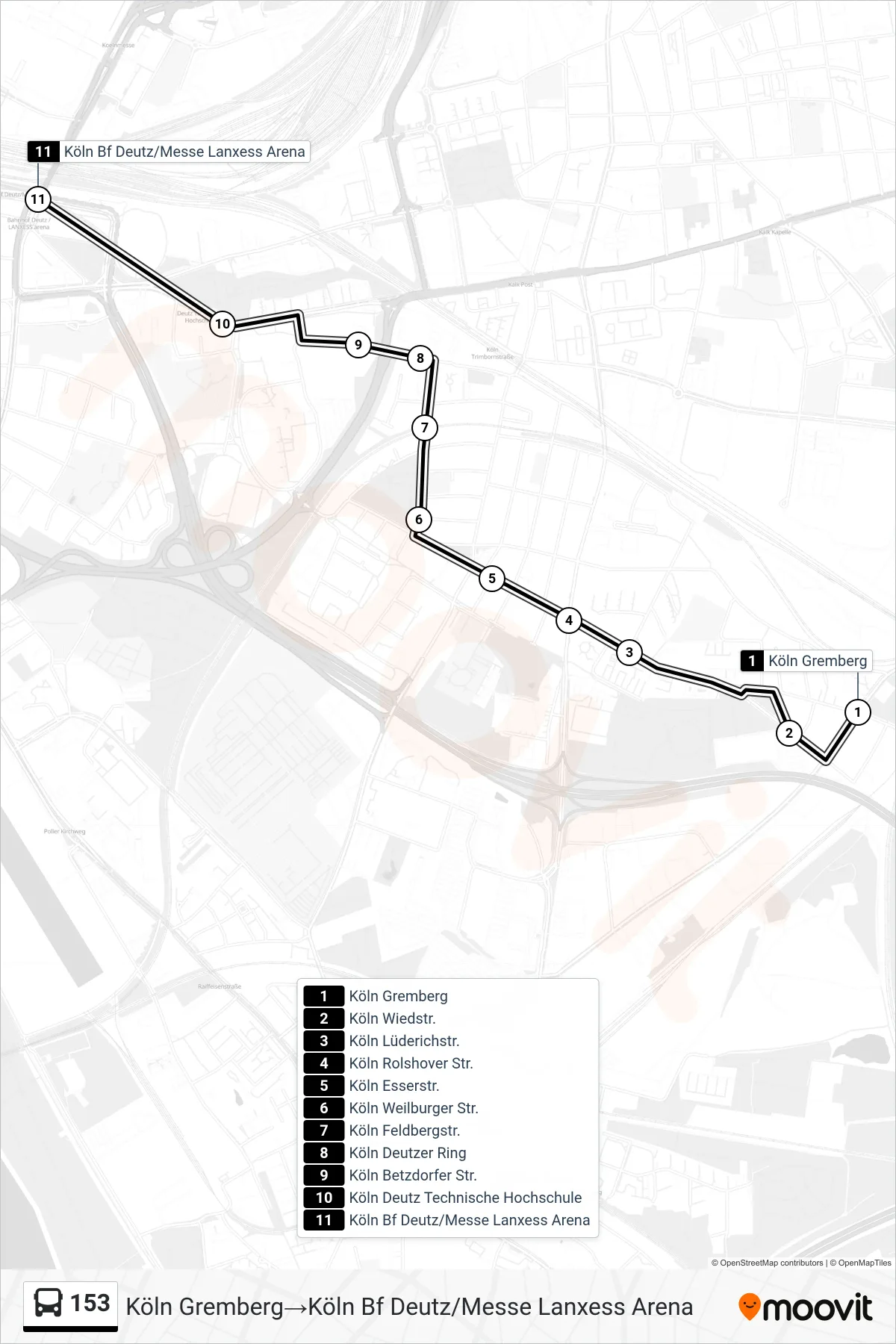 153 bus Line (Köln Gremberg→Köln Bf Deutz/Messe Lanxess Arena) route and stops on a map