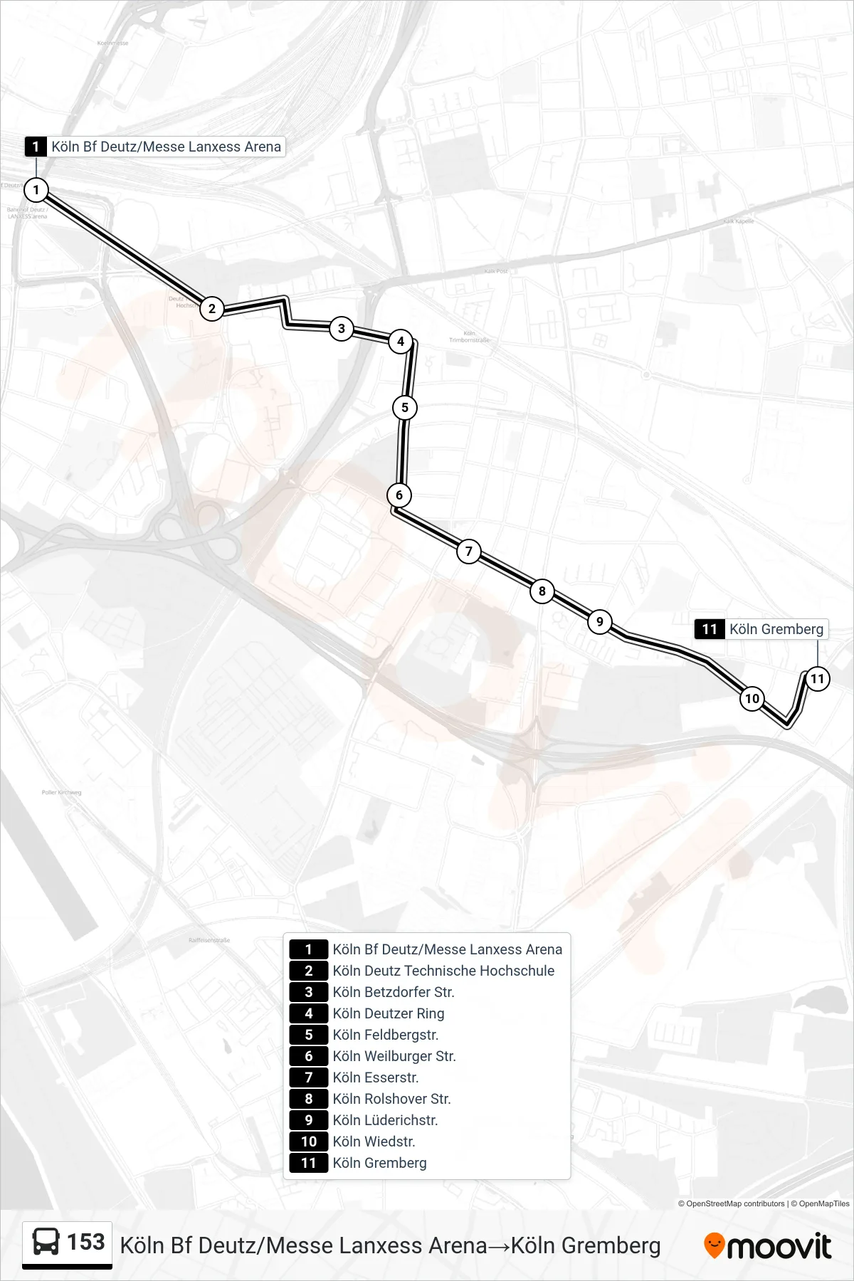 Linie 153 (Bus) Richtung Köln Bf Deutz/Messe Lanxess Arena‎→Köln Gremberg: Route und Haltestellen auf der Karte