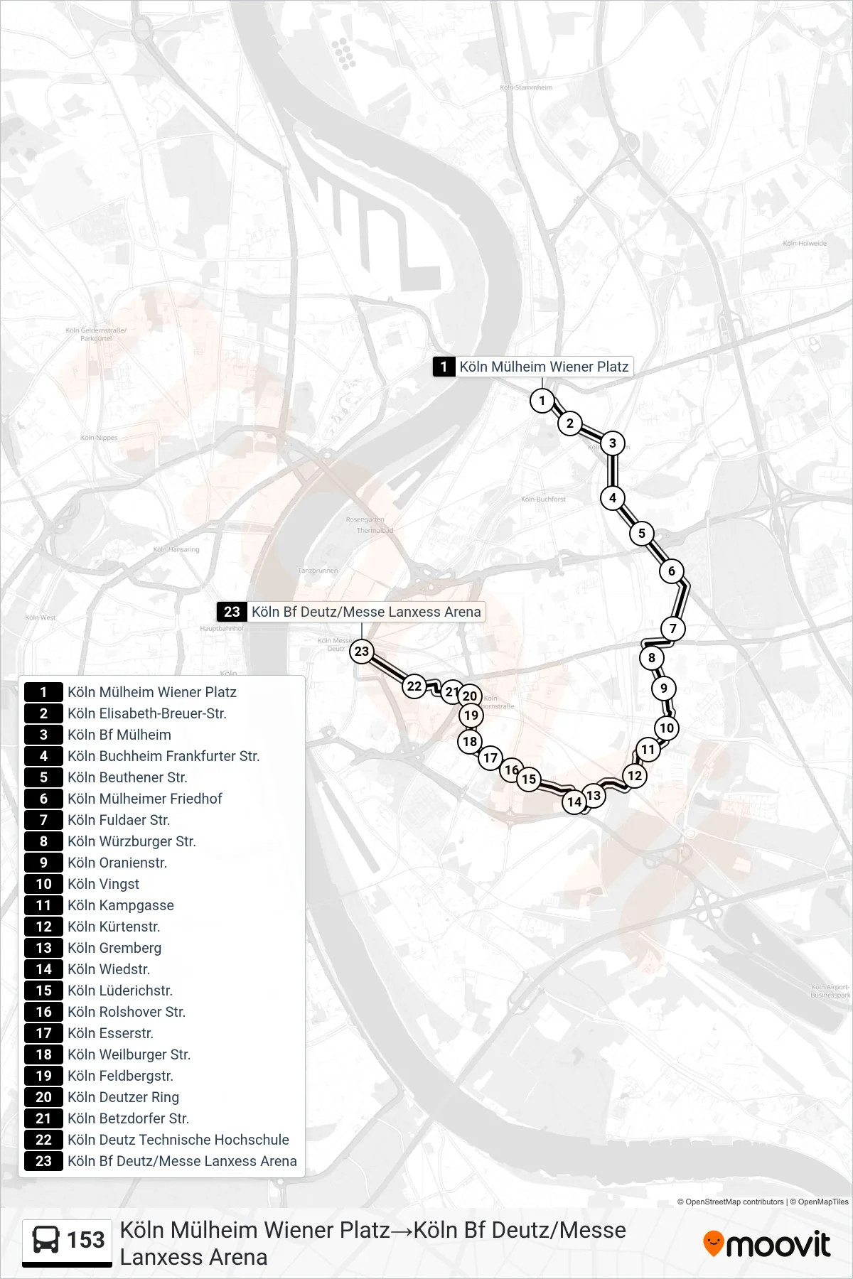 153 bus Line (Köln Mülheim Wiener Platz→Köln Bf Deutz/Messe Lanxess Arena) route and stops on a map