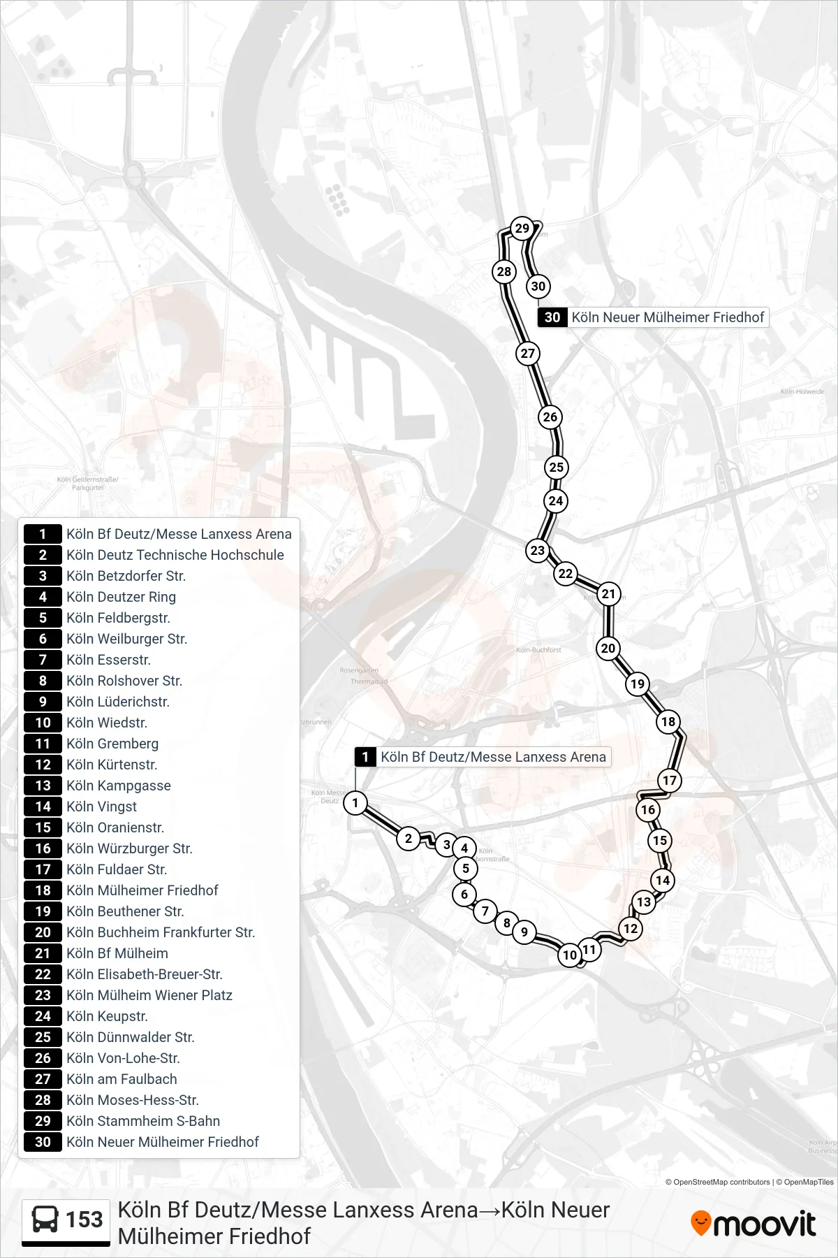 Linie 153 (Bus) Richtung Köln Bf Deutz/Messe Lanxess Arena‎→Köln Neuer Mülheimer Friedhof: Route und Haltestellen auf der Karte