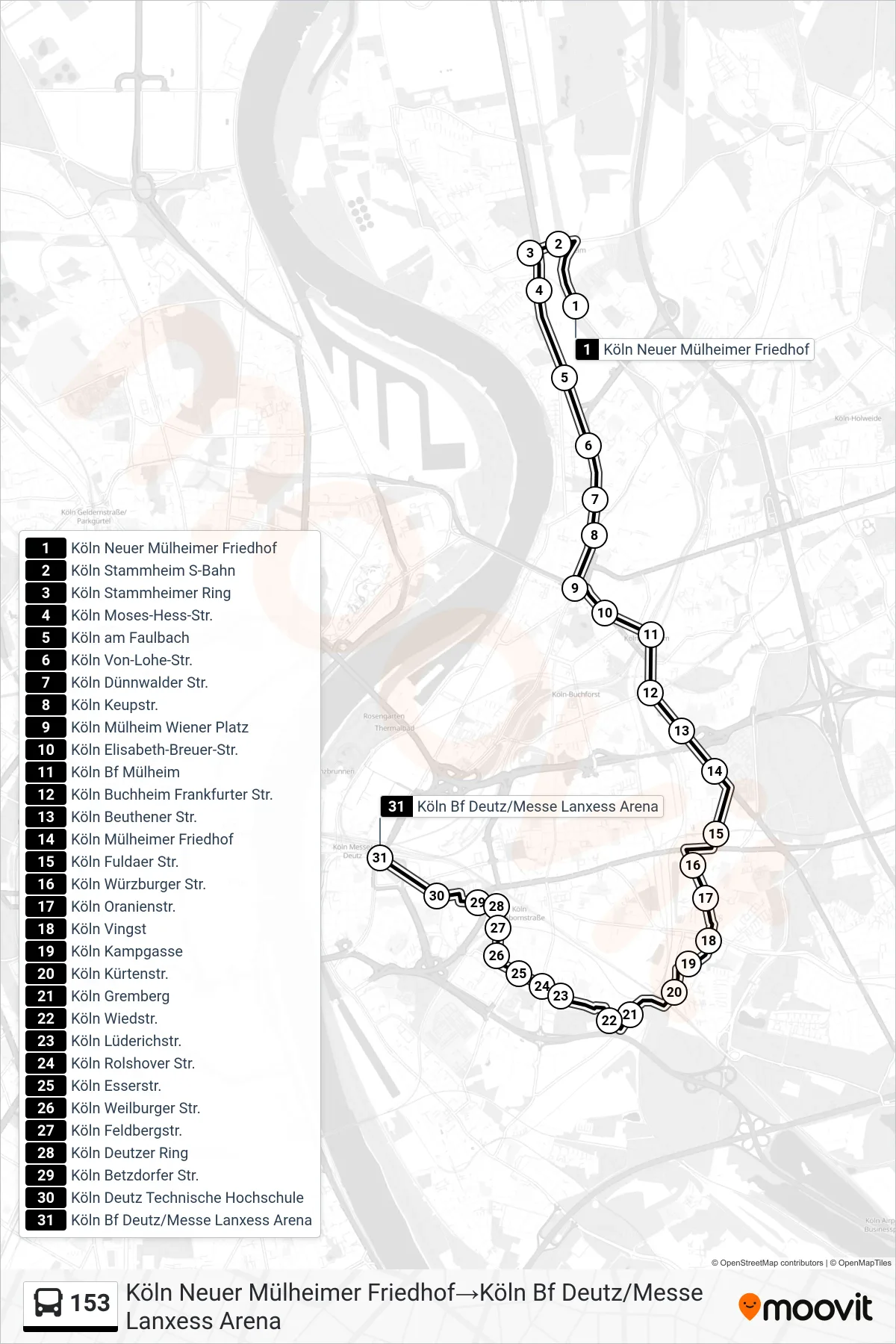 Linie 153 (Bus) Richtung Köln Neuer Mülheimer Friedhof‎→Köln Bf Deutz/Messe Lanxess Arena: Route und Haltestellen auf der Karte