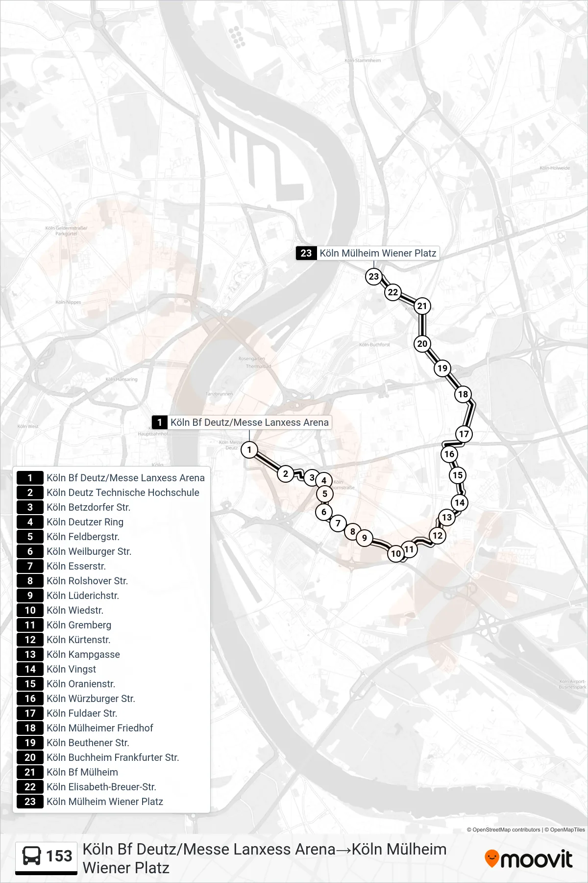 Linie 153 (Bus) Richtung Köln Bf Deutz/Messe Lanxess Arena‎→Köln Mülheim Wiener Platz: Route und Haltestellen auf der Karte