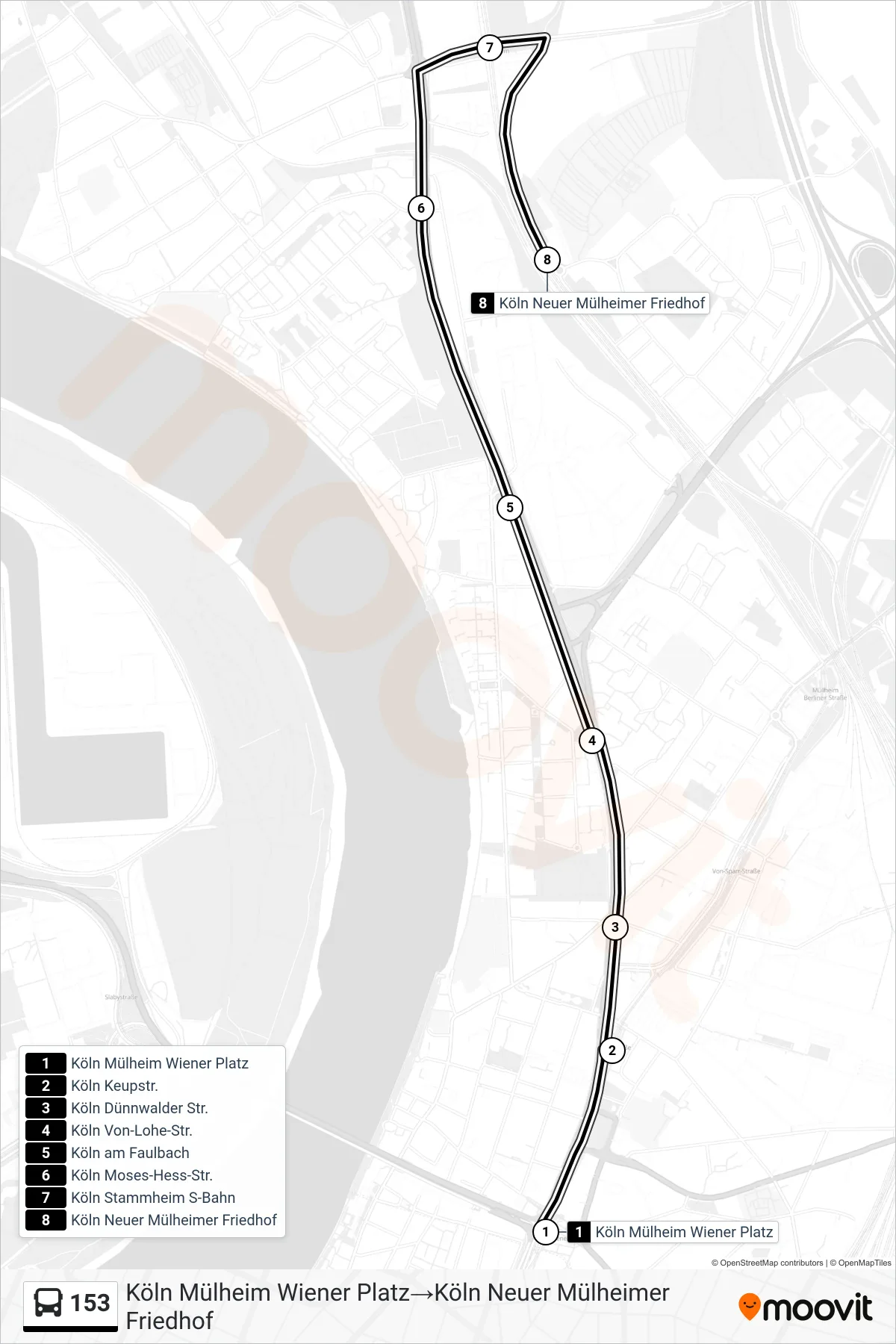Linie 153 (Bus) Richtung Köln Mülheim Wiener Platz→Köln Neuer Mülheimer Friedhof: Route und Haltestellen auf der Karte
