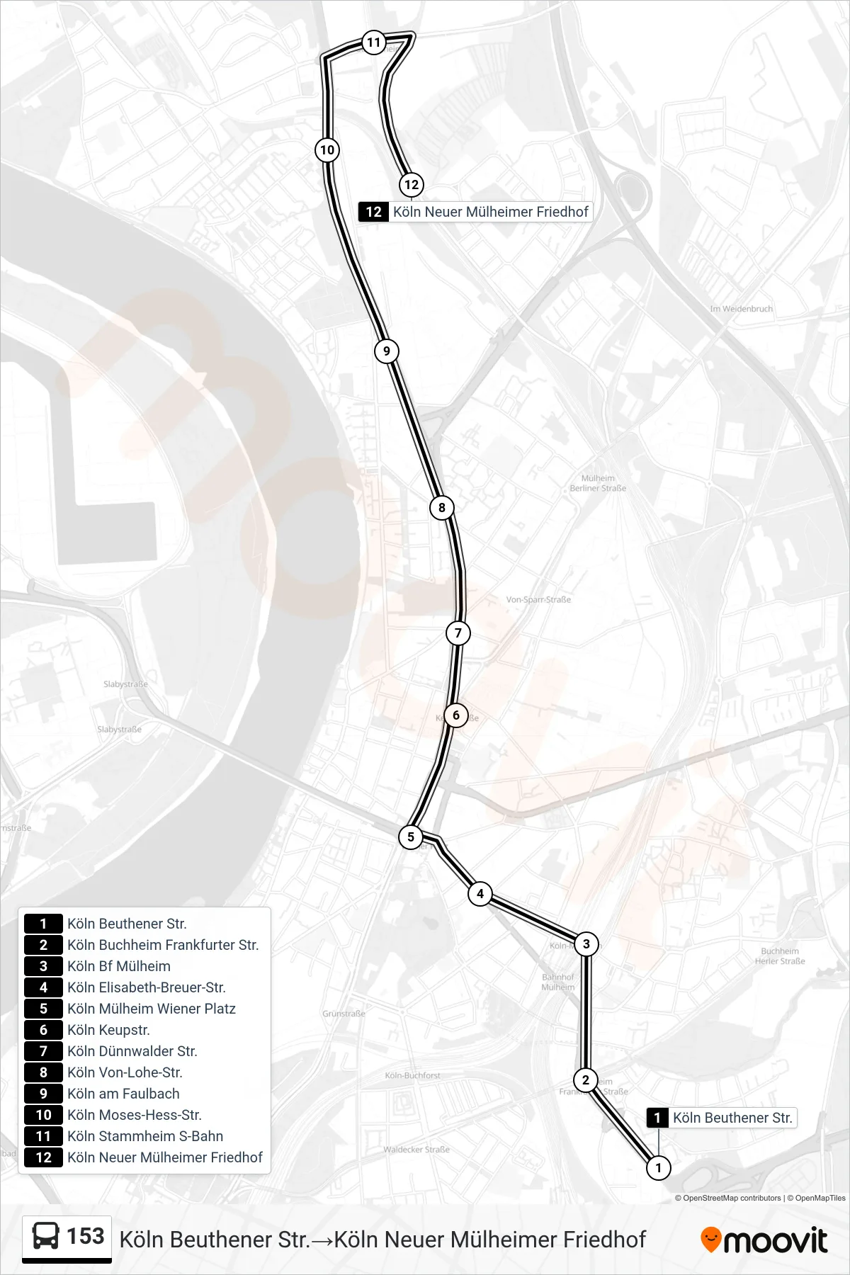 Linie 153 (Bus) Richtung Köln Beuthener Str.→Köln Neuer Mülheimer Friedhof: Route und Haltestellen auf der Karte