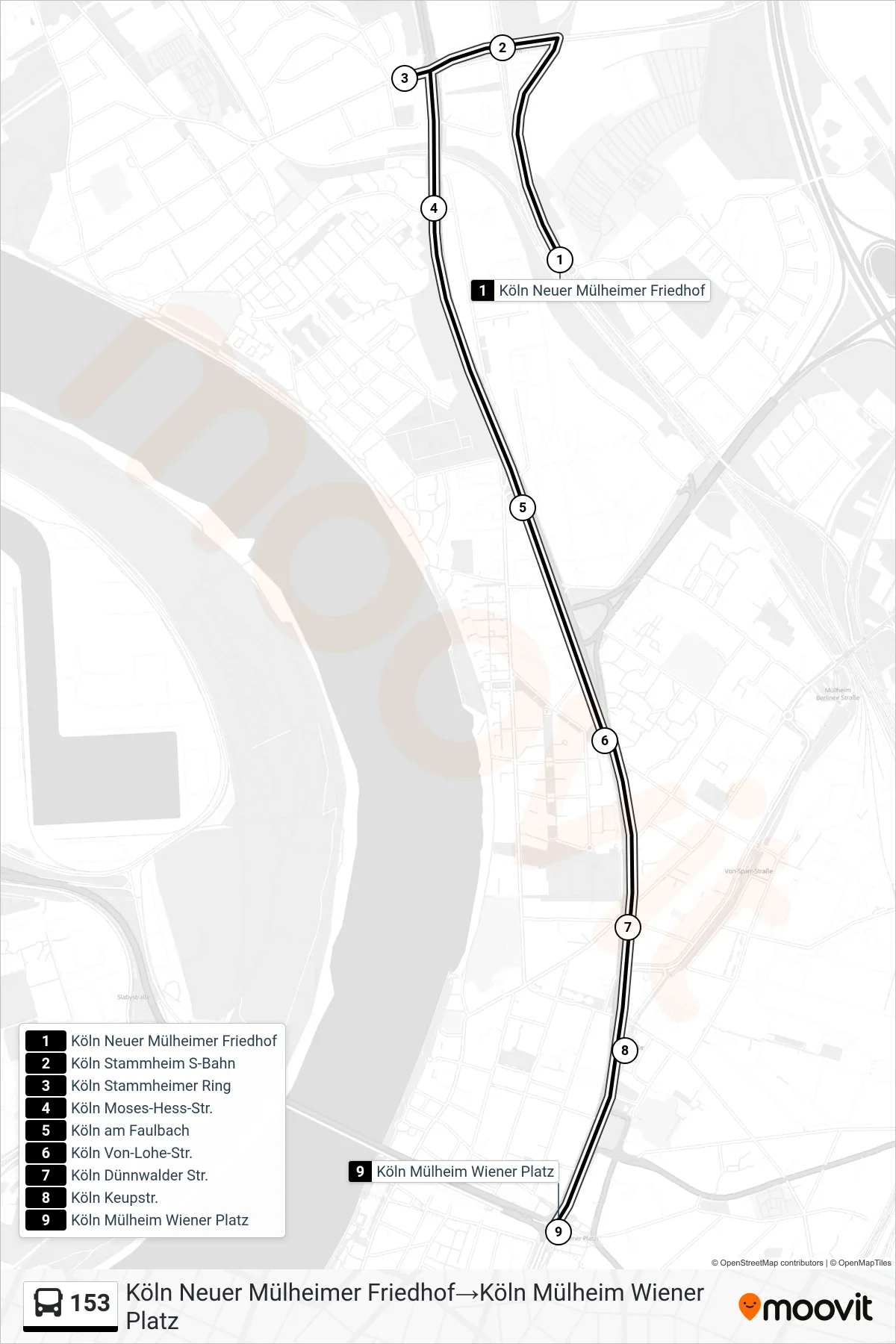 Linie 153 (Bus) Richtung Köln Neuer Mülheimer Friedhof‎→Köln Mülheim Wiener Platz: Route und Haltestellen auf der Karte