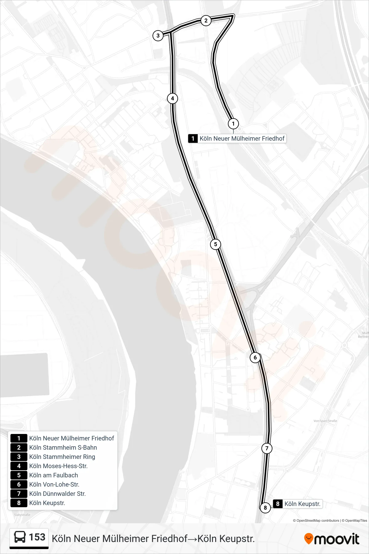 Linie 153 (Bus) Richtung Köln Neuer Mülheimer Friedhof→Köln Keupstr.: Route und Haltestellen auf der Karte