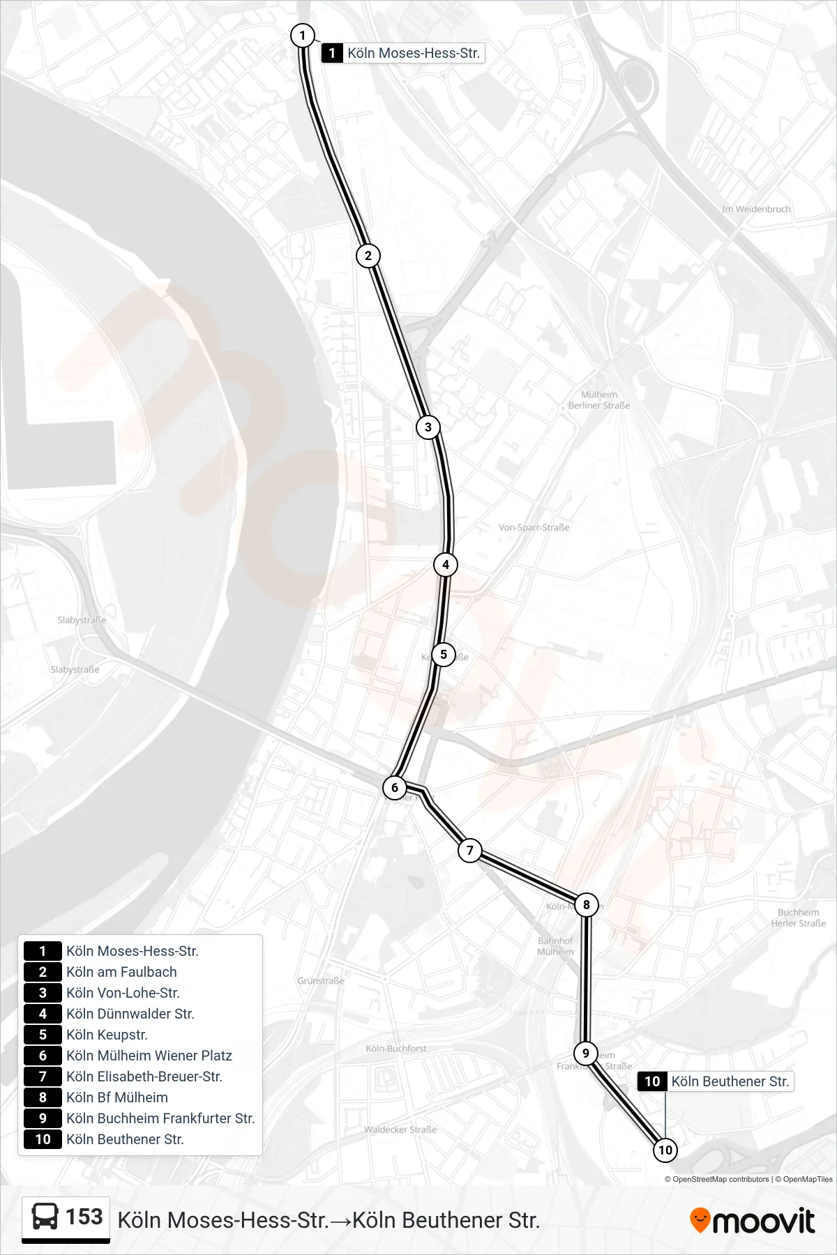 Linie 153 (Bus) Richtung Köln Moses-Hess-Str.→Köln Beuthener Str.: Route und Haltestellen auf der Karte